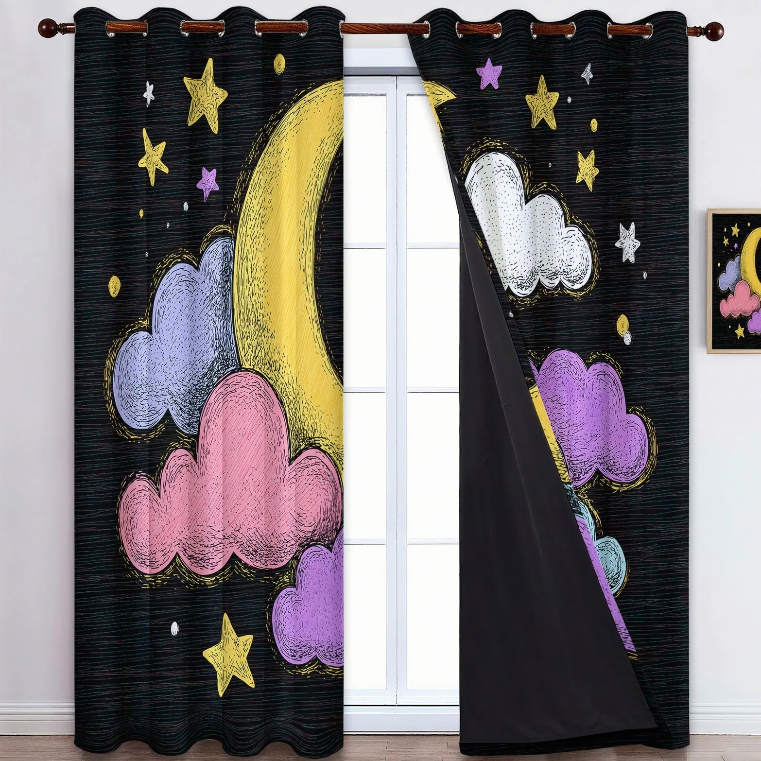 Rideau Occultant Noir, Rideaux Thermique Isolant Doux Anti UV - Draperies Intérieurs Ciel Étoilé Cartoon Nuages Lune pour Salon Chambre Décoration de Fenêtre 110L x 215H cm Lot de 2