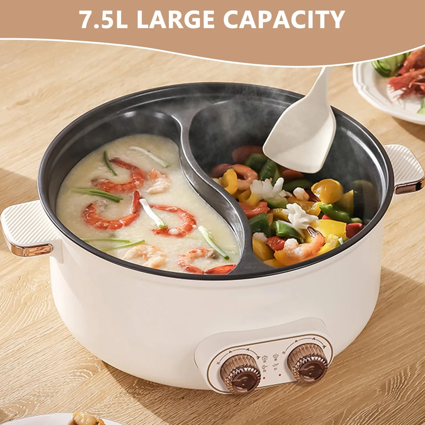 Hot pot électrique 7,5 L Double Récipient 1600 W Mijoteuse multifonctionnel