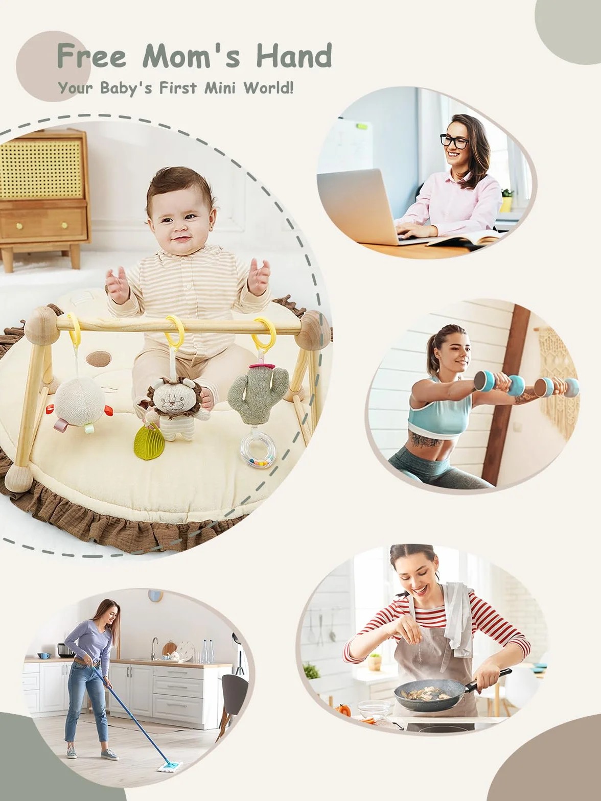 Tapis D'Eveil Bebe 4 en 1 Arche de Jeu en Bois Naturel 3 Peluches Amovibles Développement Visuel Auditif Tactile Cognitif 0-36 Mois Cadeau de Naissance