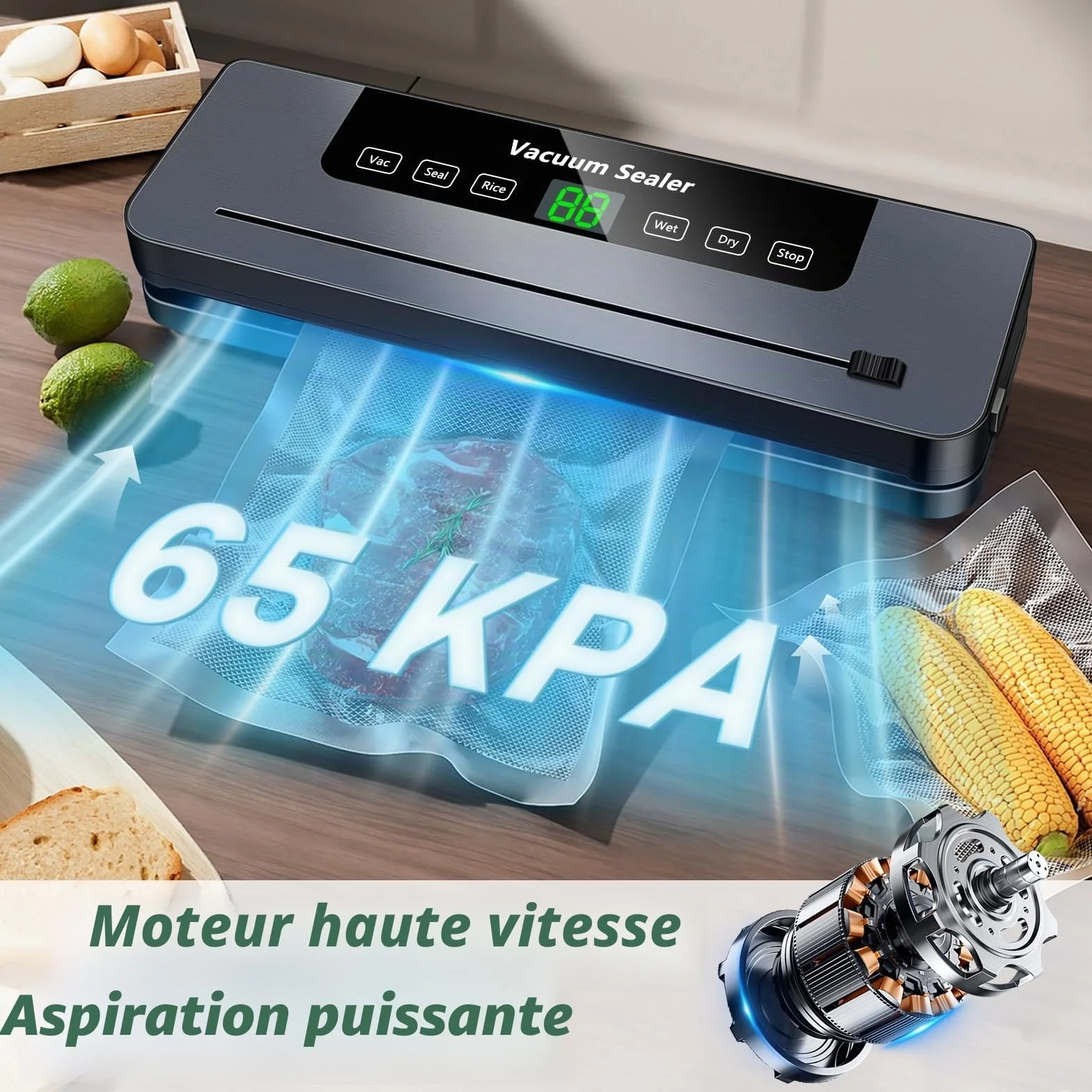 Machine Sous Vide Alimentaire 6 en 1, Multifonction avec 50 Sacs, Automatique Secs et Humides, Couteau Coupe et Tuyau