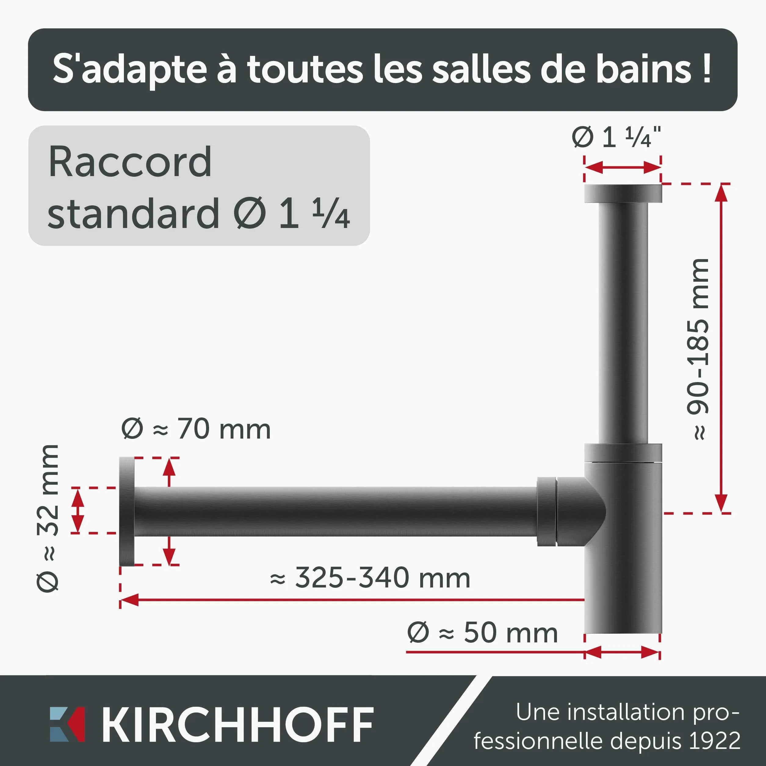 Kirchhoff Bonde de Lavabo Universelle Graphite Mat, Siphon | Laiton massif enduit, raccord 11⁄4", kit avec rosace murale, joint bonde et bouchon lavabo universel, ouverture de nettoyage