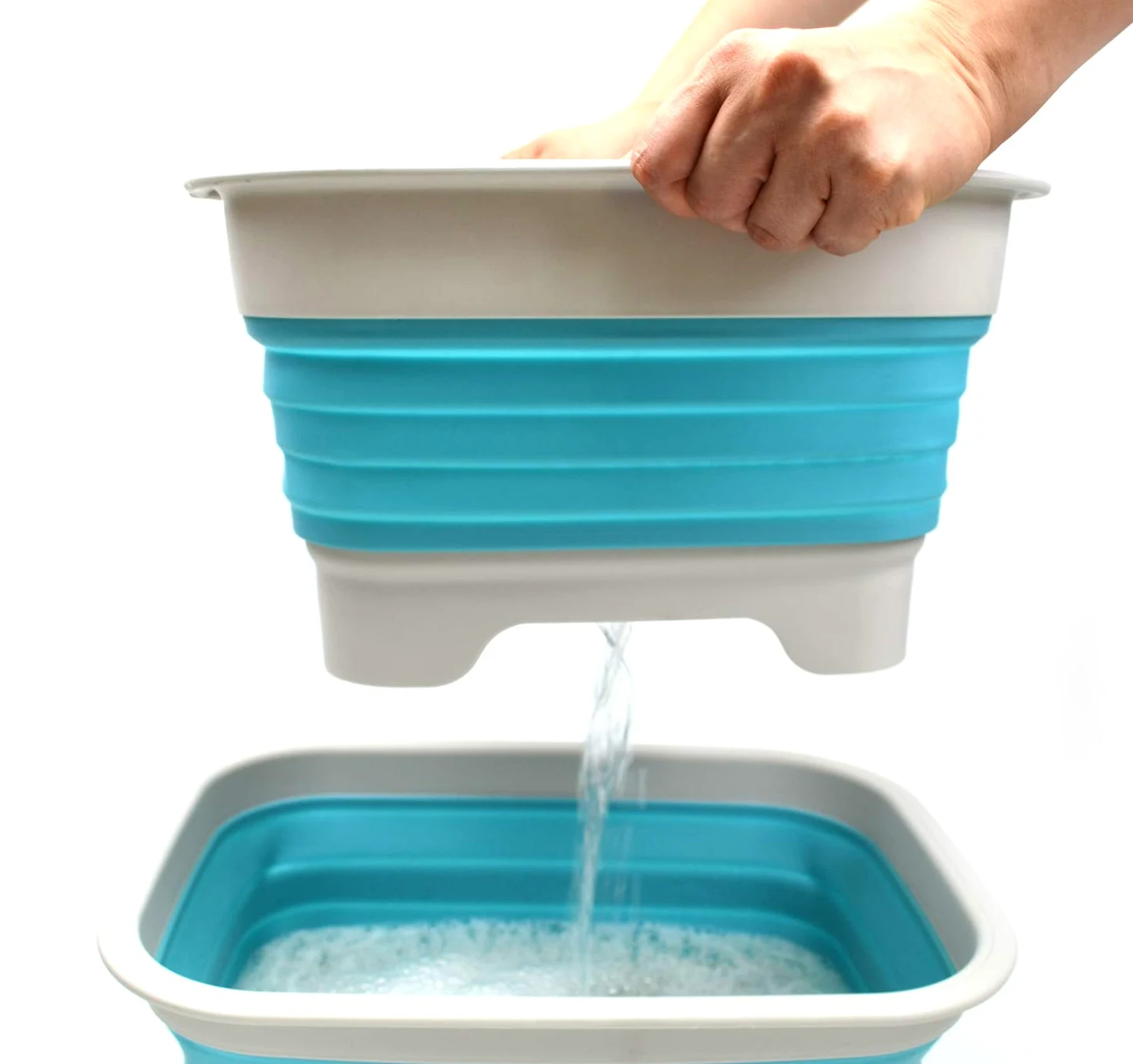 SAMMART Bassine à vaisselle pliable de 9,1 l, avec bouchon de vidange - Lavabo pliable - Bac de rangement de cuisine pour économiser de l’espace (Gris/Bleu vif)