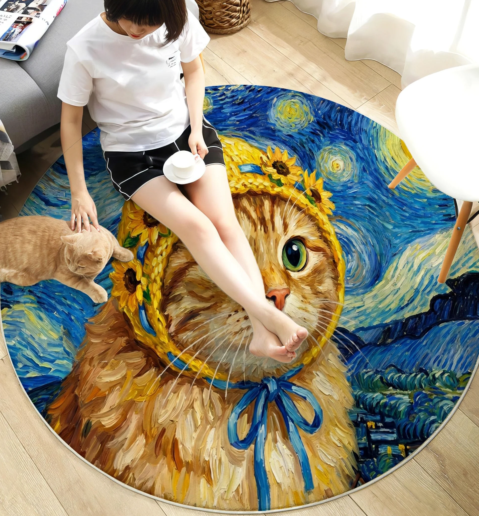 Tapis Rond Salon Lavable Peintures Humoristiques À L'Huile Animaux 100 Cm | Chats Ciel Étoilé Bleu Marine Tapis De Sol Décoration Antidérapant Pour Chambre Cuisine Salle À Manger