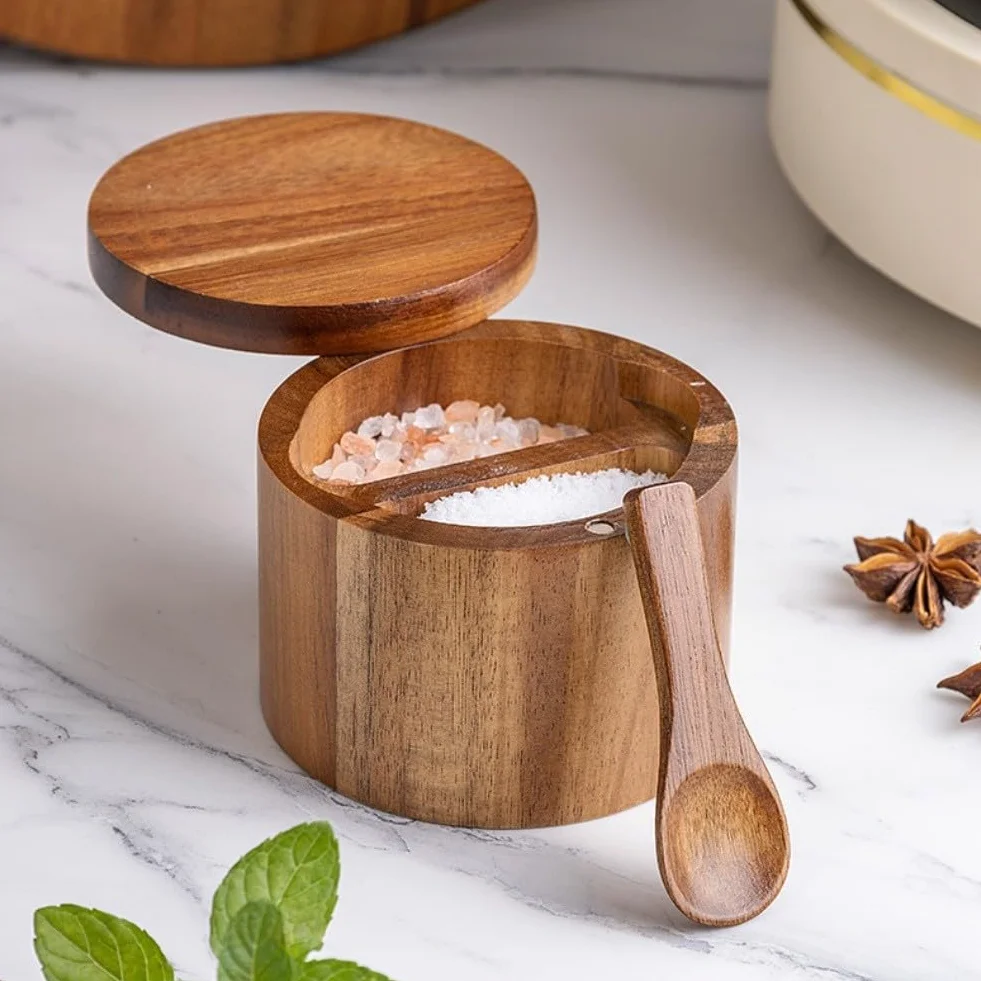 Salière en bois d'acacia avec couvercle rotatif, dimensions optimisées