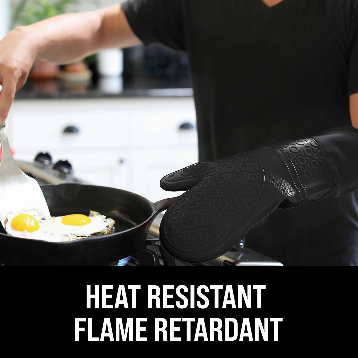Gant de cuisine professionnel extra long en silicone - 1 paire - Gants de cuisine avec revêtement matelassé - noir