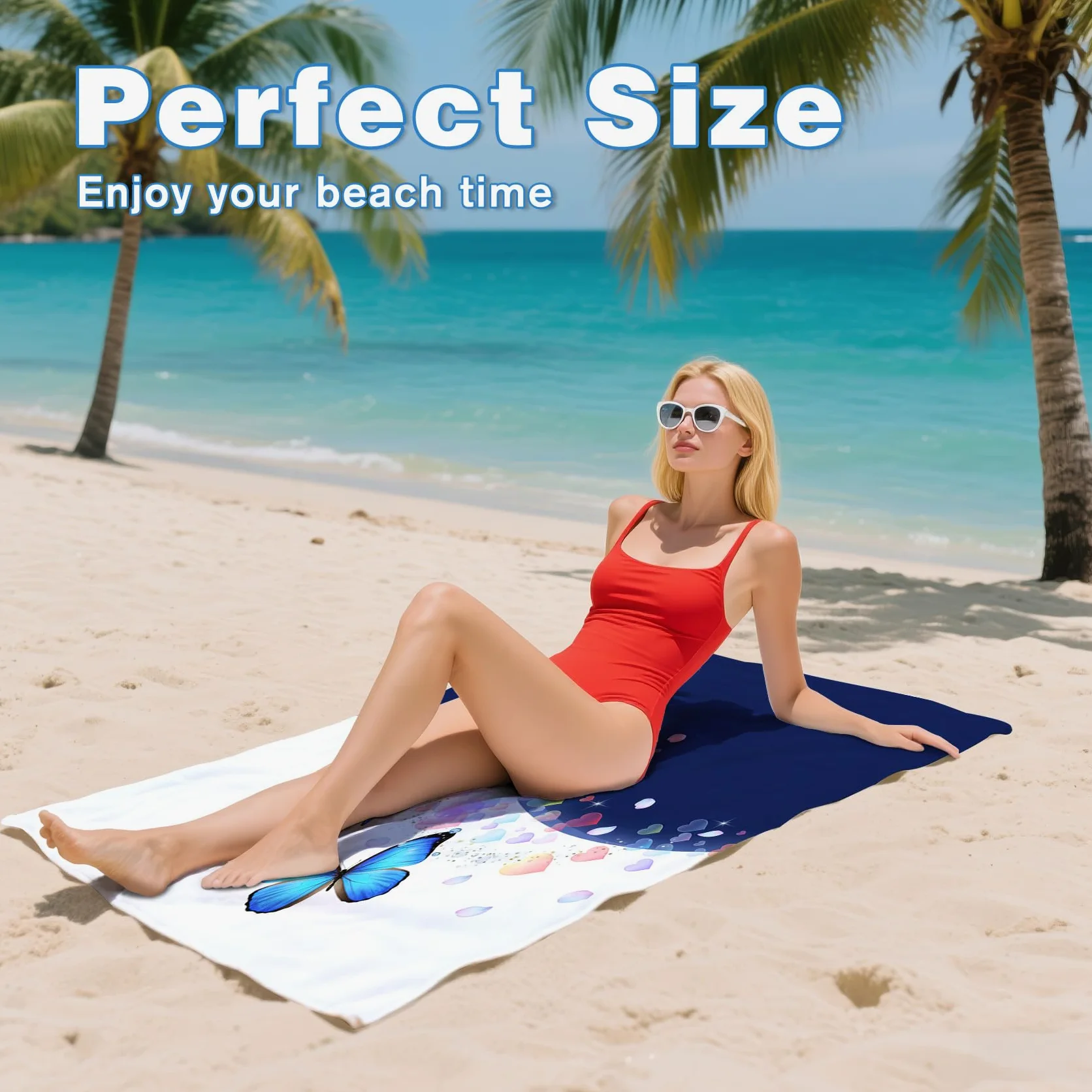 Serviette de Plage XXL Microfibre Papillon Bleu Cœur Romantique, Drap de Plage Séchage Rapide Anti Sable & Légère, Serviette de Bain Grande Taille 200x200 cm, Accessoire & Cadeau été