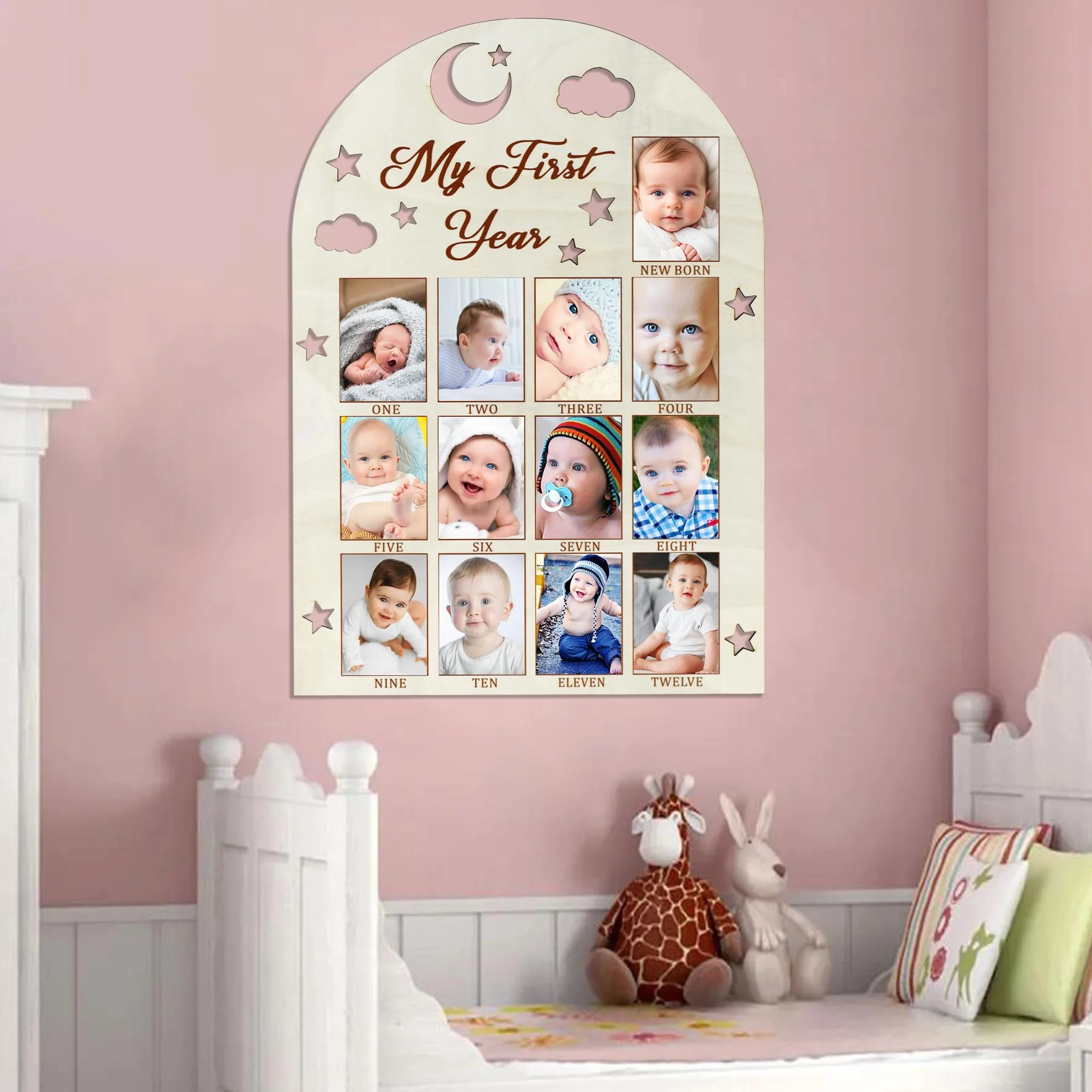 Tableau photo en bois My First Year découpe 3D bébé 12 mois décoration premier anniversaire fille garçon