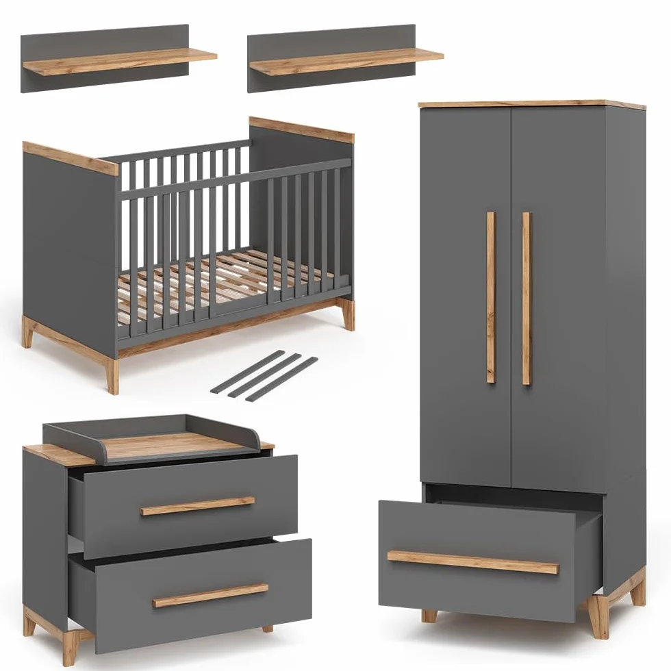 VitaliSpa Set de Chambre d'enfant Malia, Gris/chêne, Lot de 4