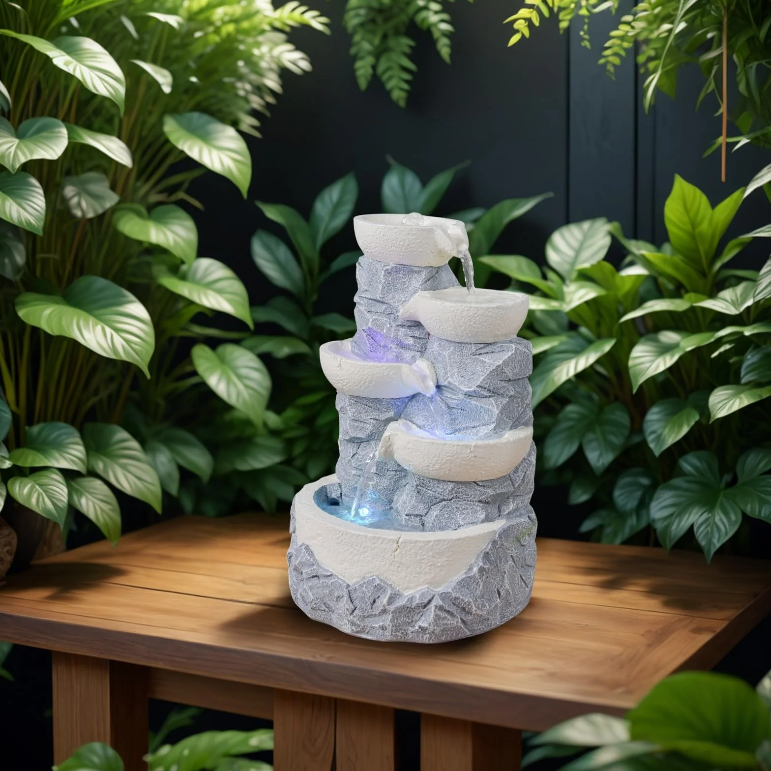 Fontaine d’Intérieur Cascade 4 Niveaux Jarre Effet Pierre Naturelle Lumière LED Coloré, Déco Zen, H 31cm – Ganda Zen’Light