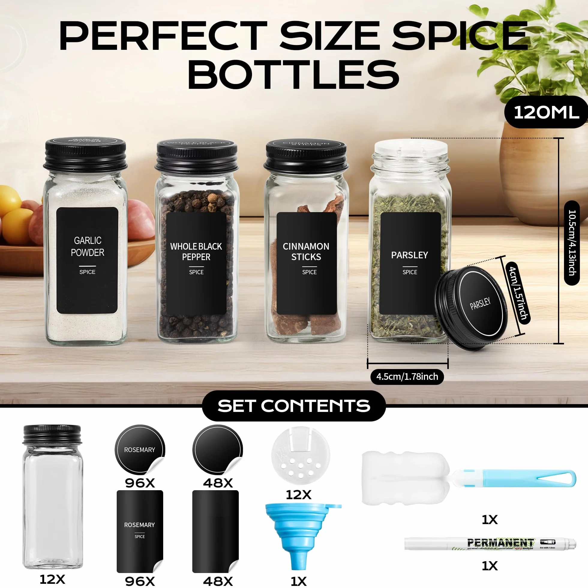 Bocaux à Épices Verre 120 ml avec Couvercles à Visser et Tamis, Lot de 24 avec 288 Étiquettes