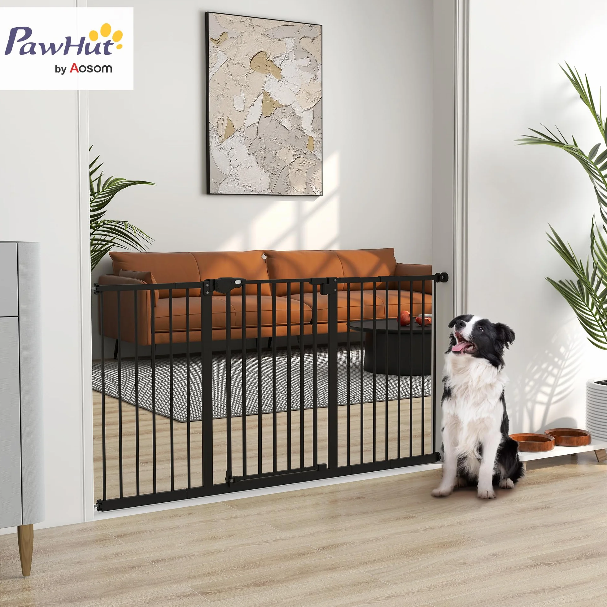 PawHut Barrière de sécurité Animaux 74-148 x 76,2 cm Porte Fermeture Automatique Double Verrouillage sans perçage 3 Extensions Noir