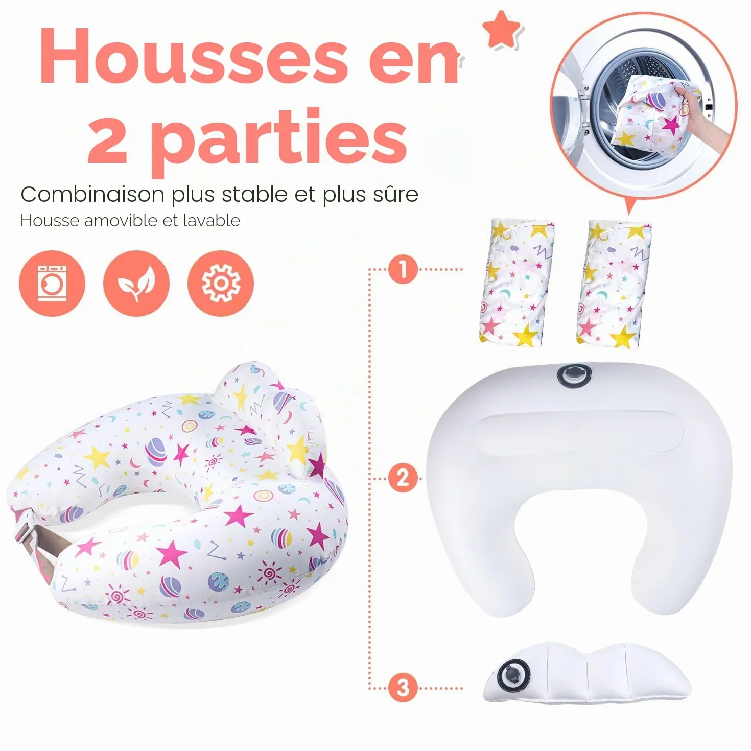 Coussin d'allaitement gonflable de voyage avec ceinture réglable et housse amovible en coton