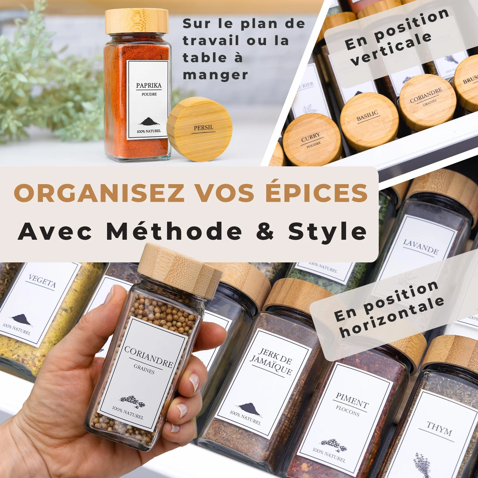 Pots à Épices en Verre et Bois 24 Bocaux 120 ml avec 336 Étiquettes Françaises et 2 Moulins