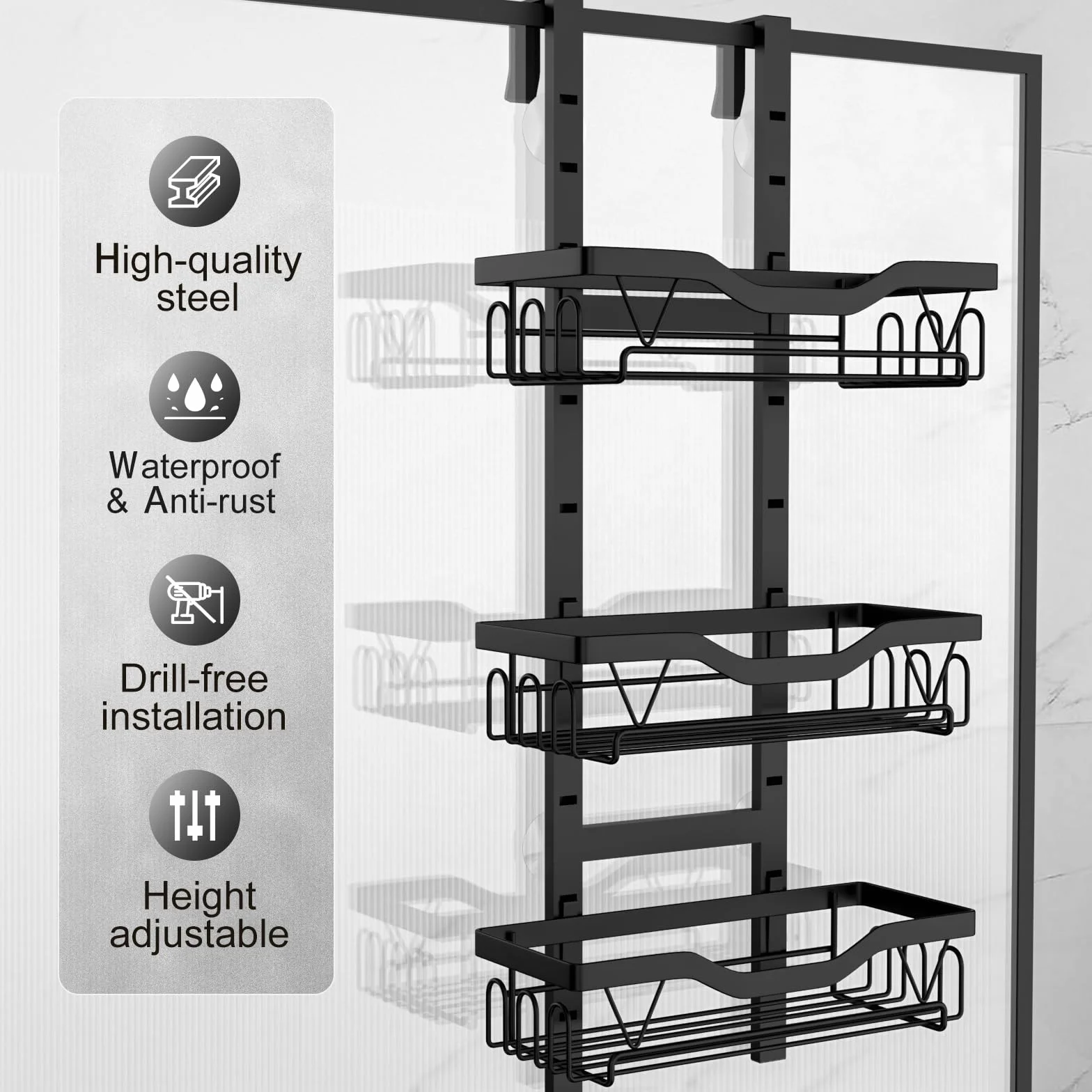 Etagere Douche à Suspendre sans Percage 3 PCS Réglable Panier Gel Shampooing Noir