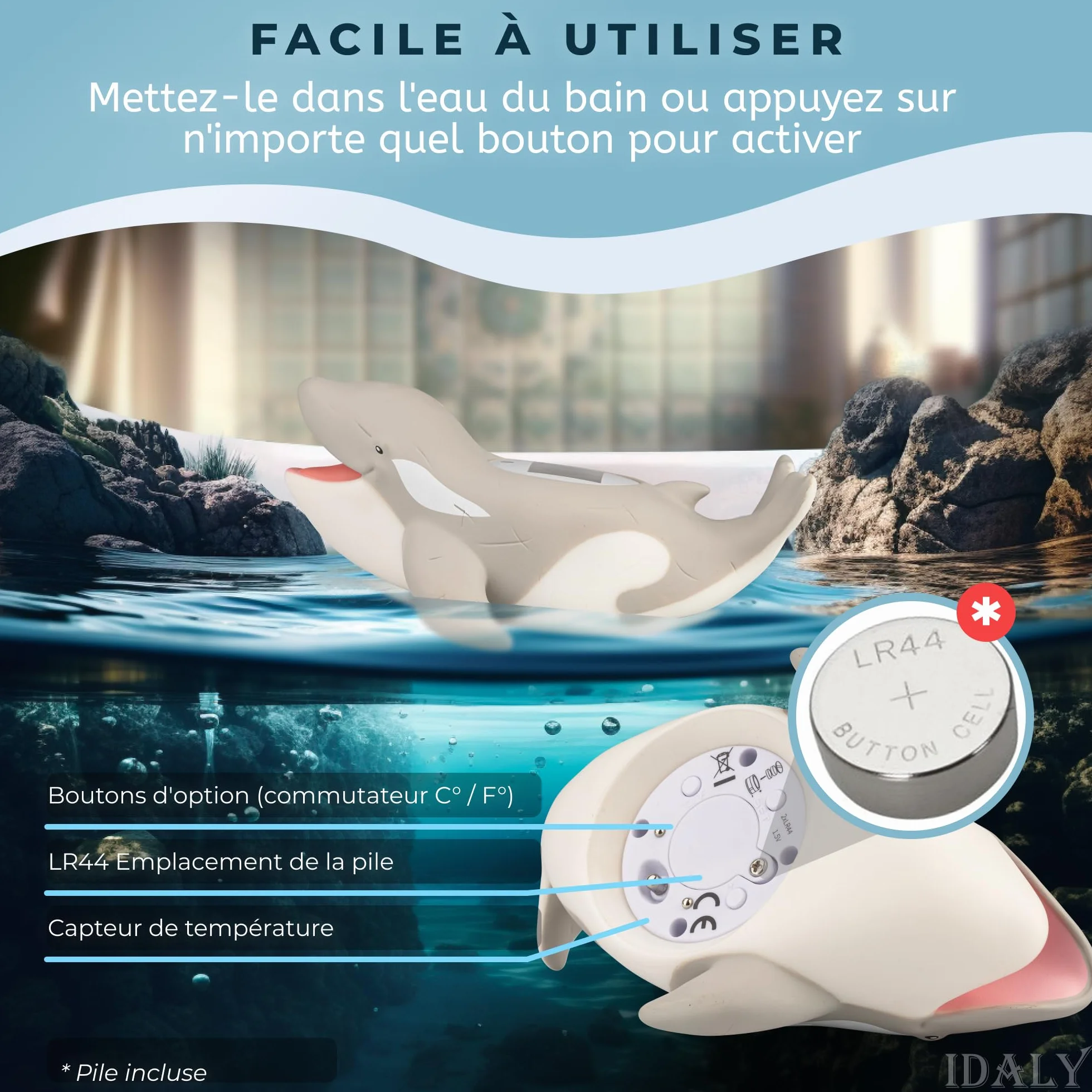 Thermomètre Bain Bébés Numérique Flottant avec Alarme LED, Écran LCD, Lecture Précise, Cadeau Naissance (GRIS)