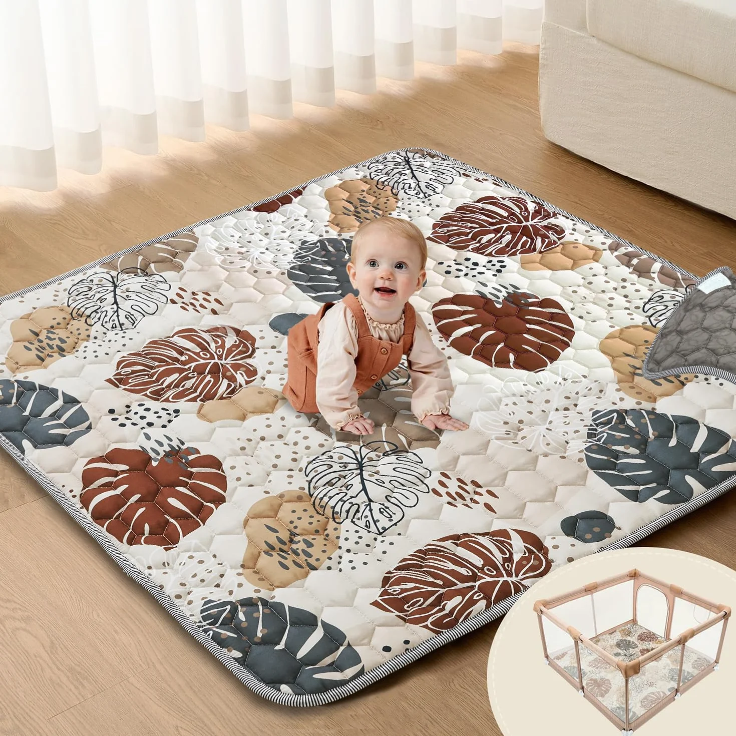 Tapis d'éveil Bébé 127x127cm Lavable Antidérapant Pliable Style Bohème