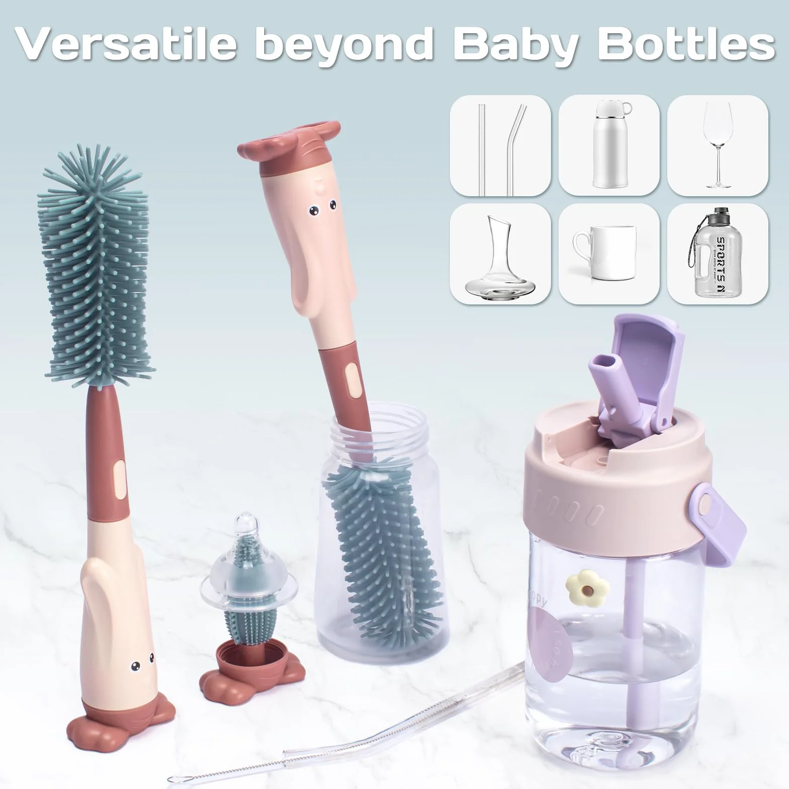Brosses à Bouteilles en Silicone Alyvisun 3 en 1 Brosse Biberon Bébé à Paille Rouge