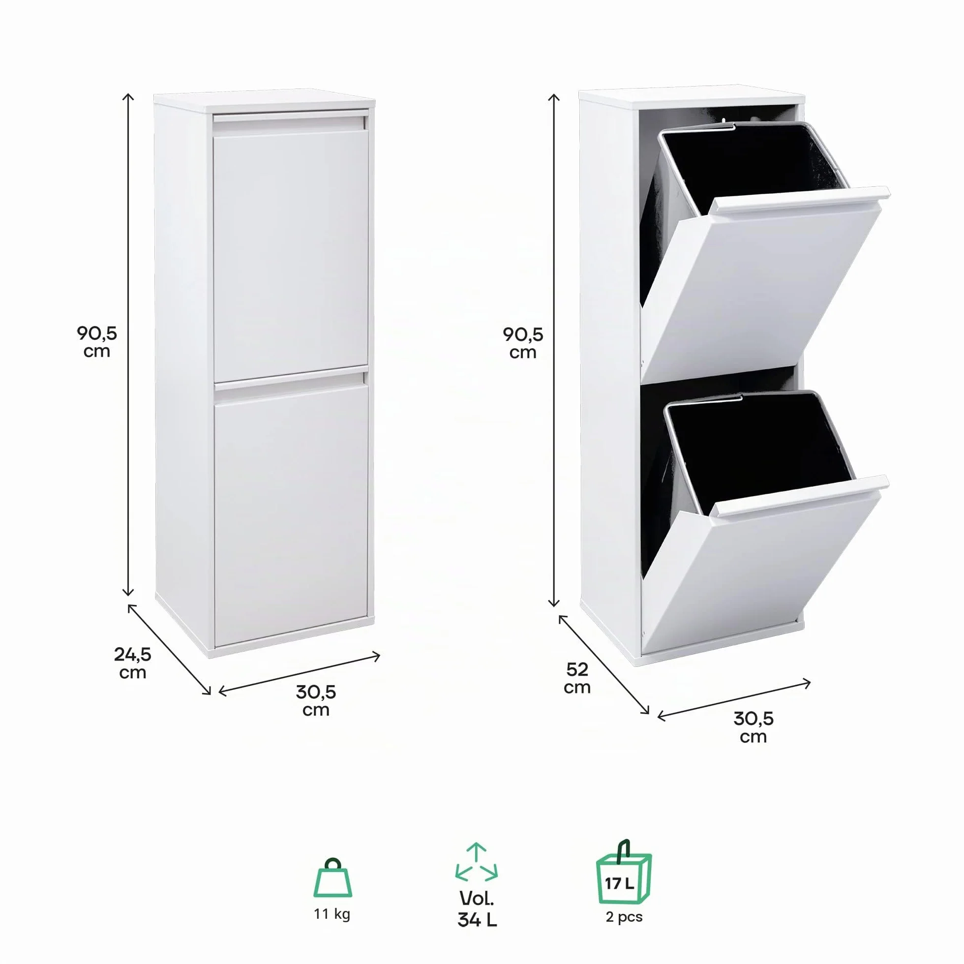 ARREGUI Basic CR201-B Poubelle de Recyclage Cuisine 2 Bacs 34 L Acier blanc