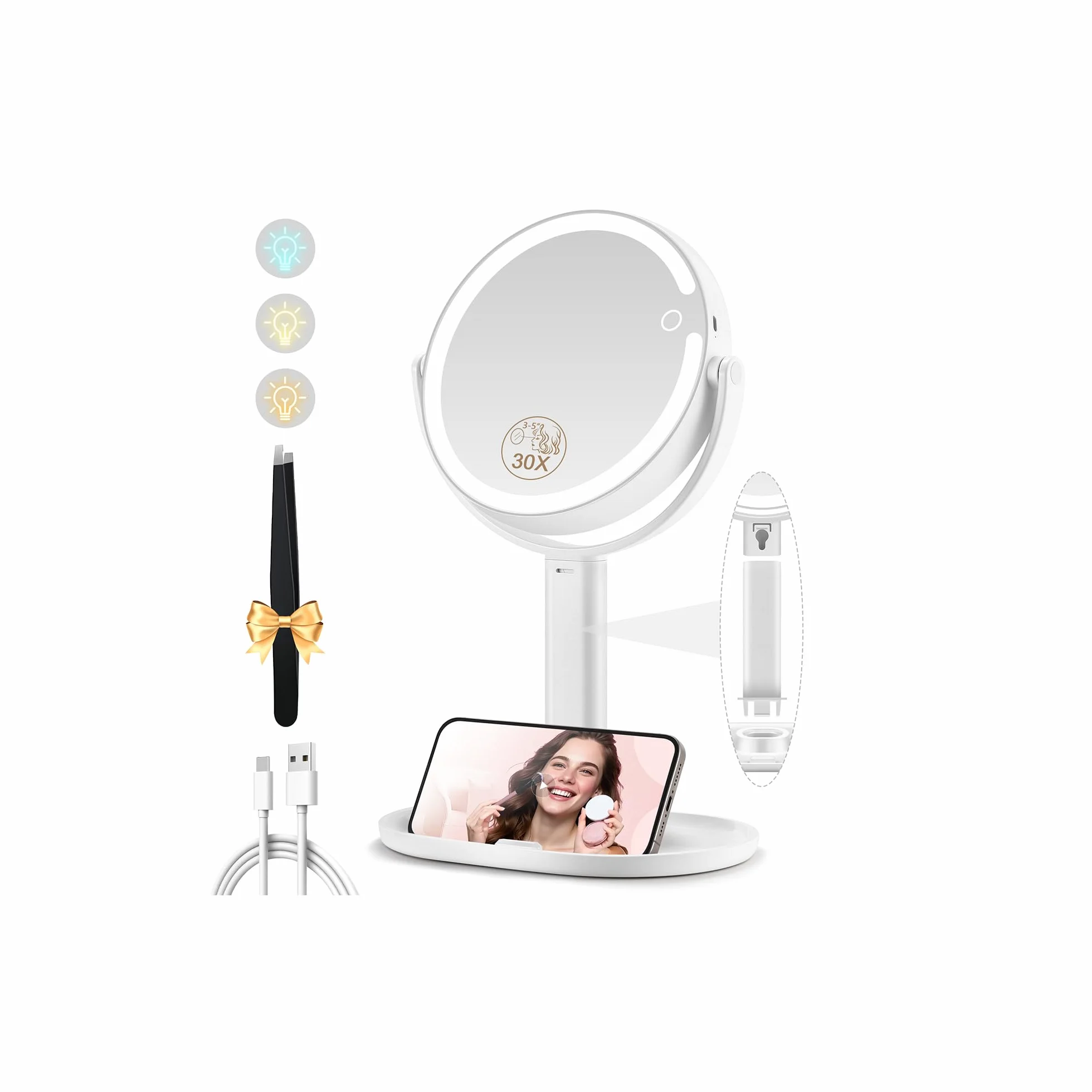 MOMOKUBA Miroir Grossissant Lumineux X 20, Miroir Grossissant sur Pied 8", Double Face 64 LED, Rechargeable Rotation 360°