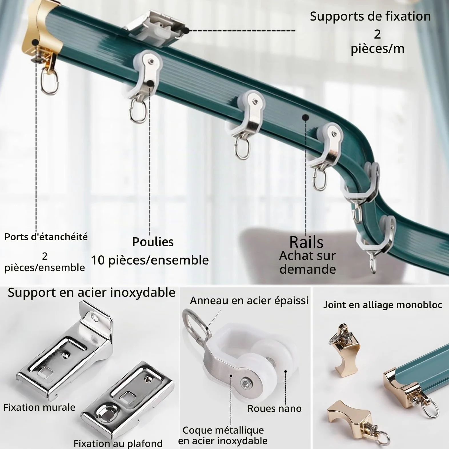 Rail pour Rideaux Pliable Tringle Rideau Plafond Noir/Blanc/Vert/Bleu/Rose Tringle Rideau Flexible Facile À Installer Rail De Rideau Courbe Montage Au Mur Rail De Rideau en Aluminium