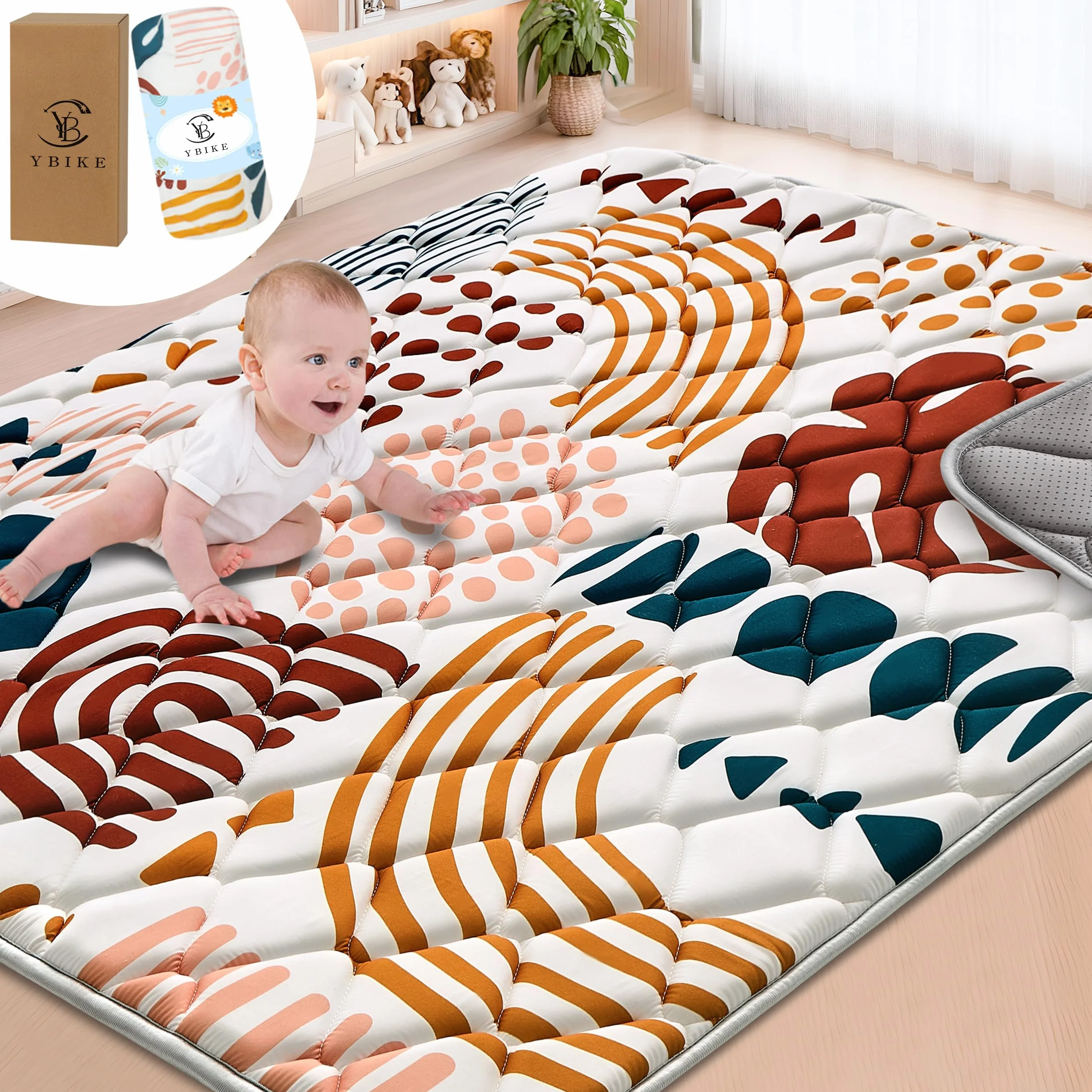 YBIKE Tapis de Jeu 180x150cm Pliable Antidérapant Épais Lavable en Machine Boho