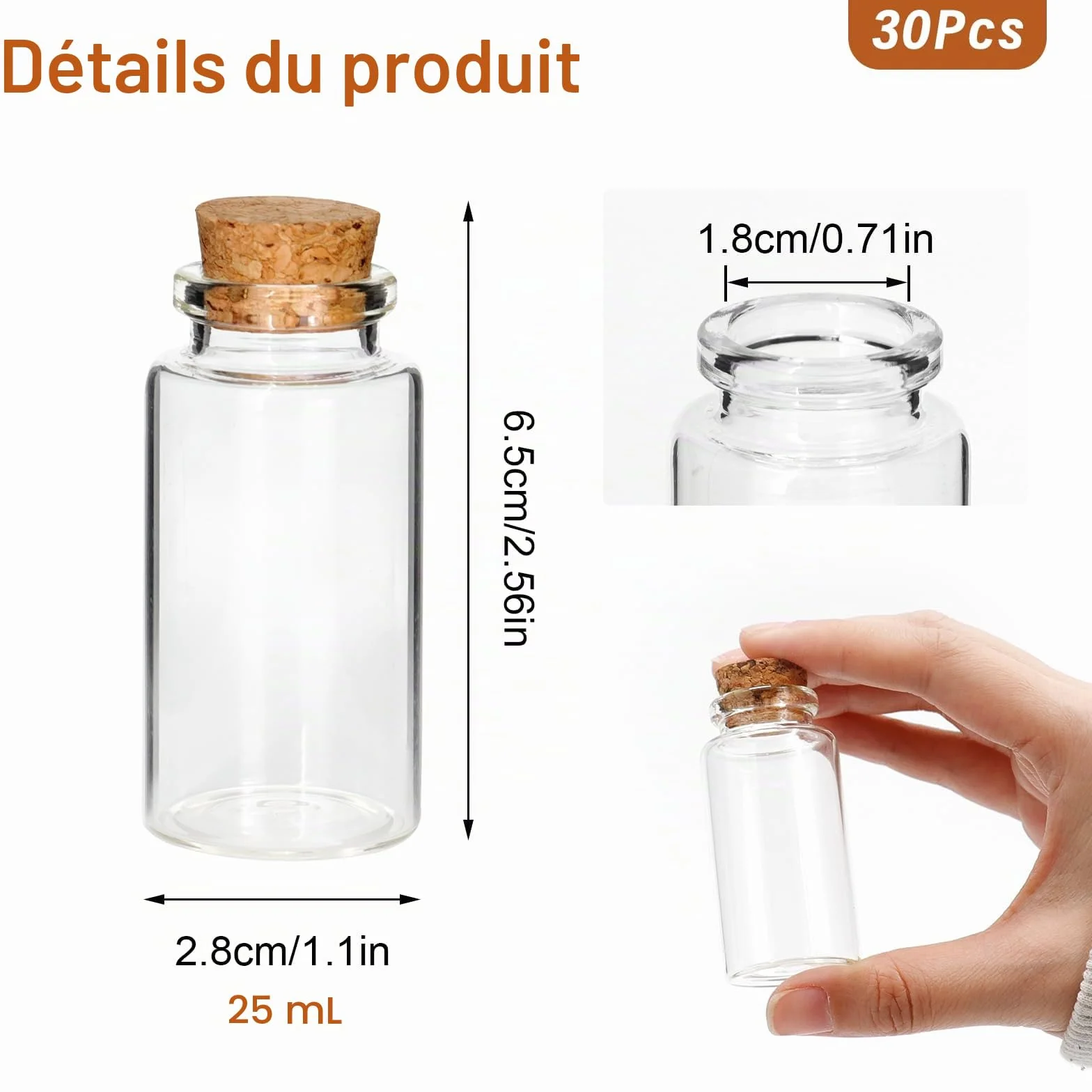 Mini bouteilles en verre 25ml avec bouchons en liège, flacons vides pour épices, mariage, décoration