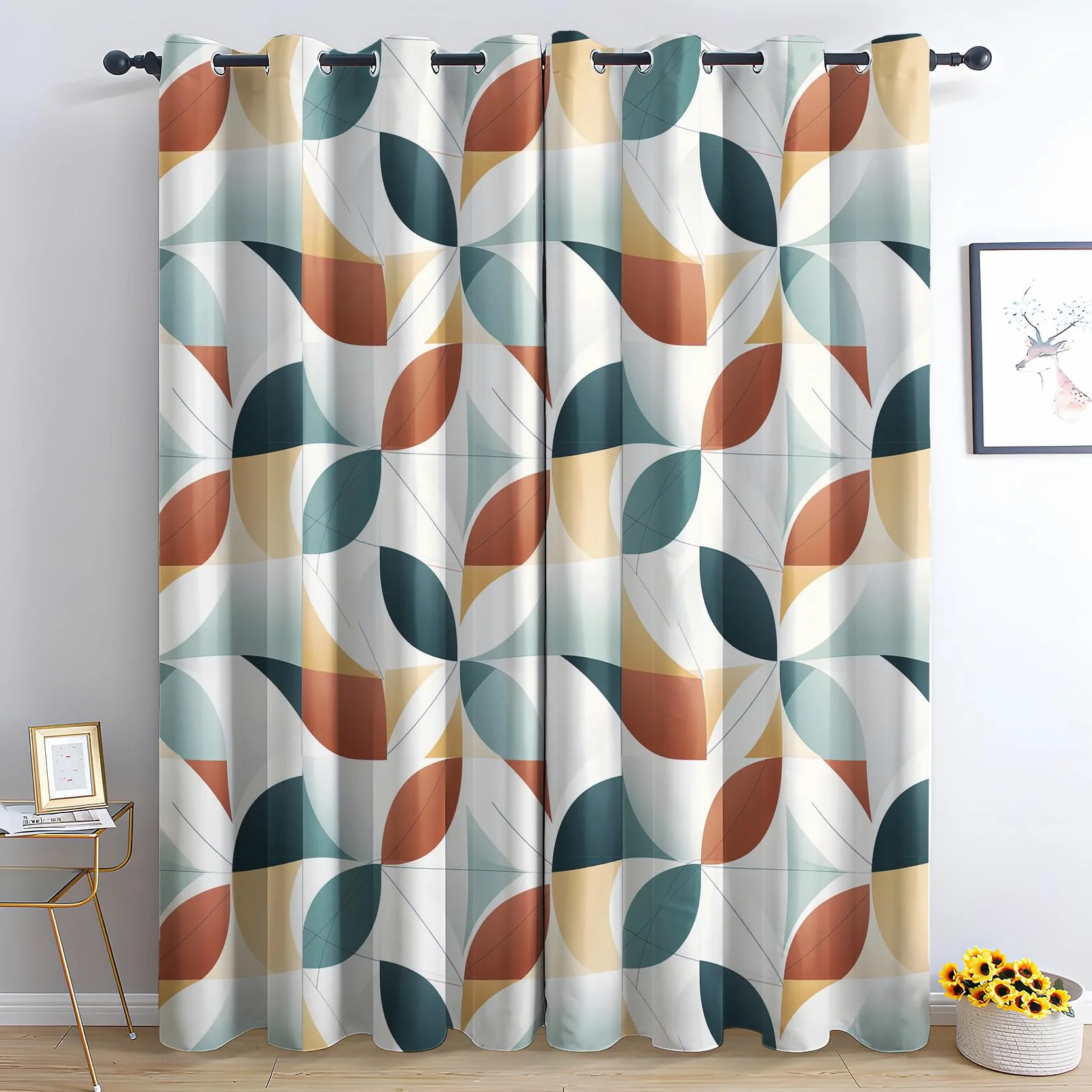 Rideau Occultant Patchwork Géométrique, Rideaux Thermiques à Oeillets pour Chambre, Motif Moderne Rideaux Salon, Moderne Lot de 2 Décoration de Fenêtre, Rideaux 140x240cm LxH(Km-&350)