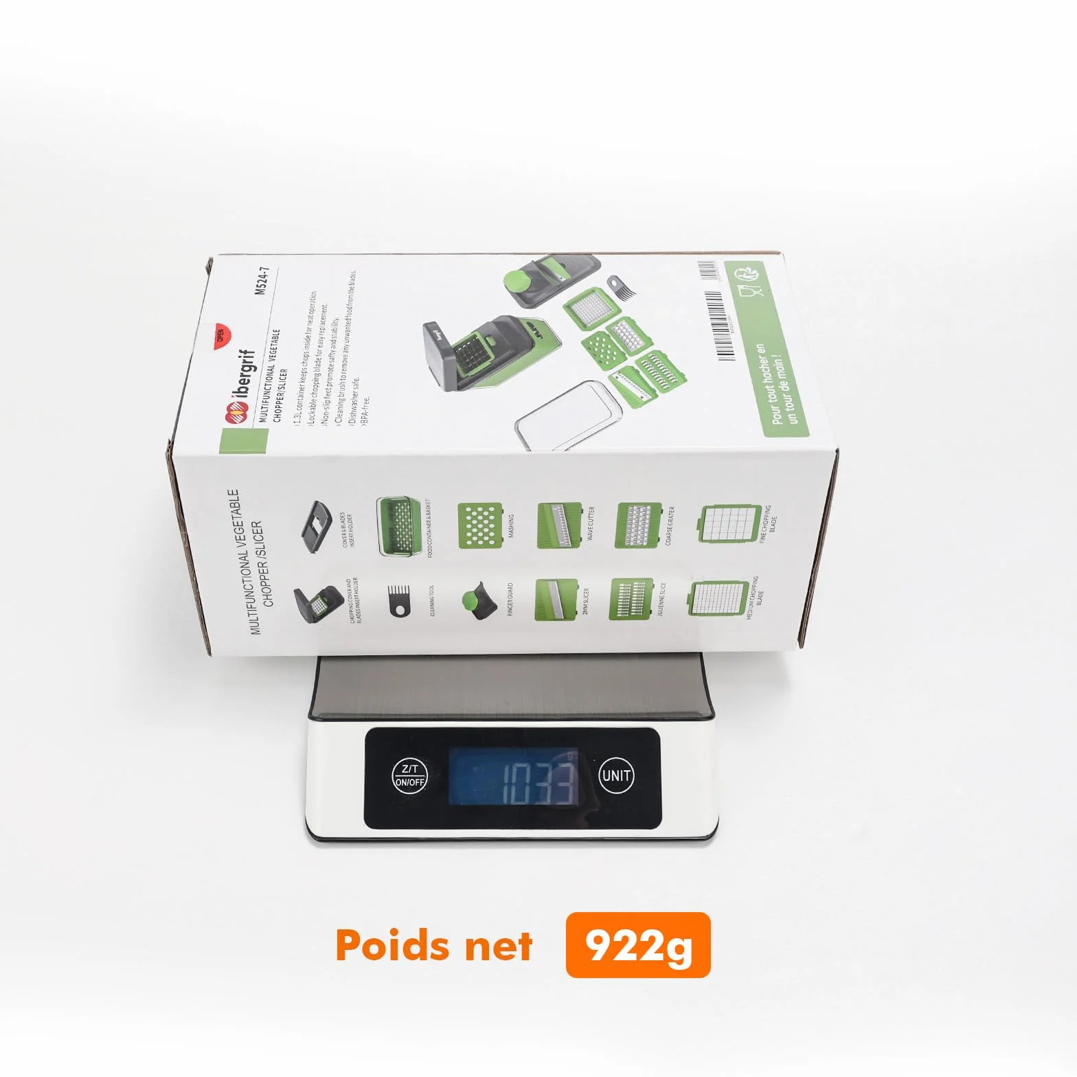 Ibergrif M524-7 Mandoline de Cuisine Professionnelle 8 en 1 Coupe-Légumes Multifonctions avec Bac Collecteur