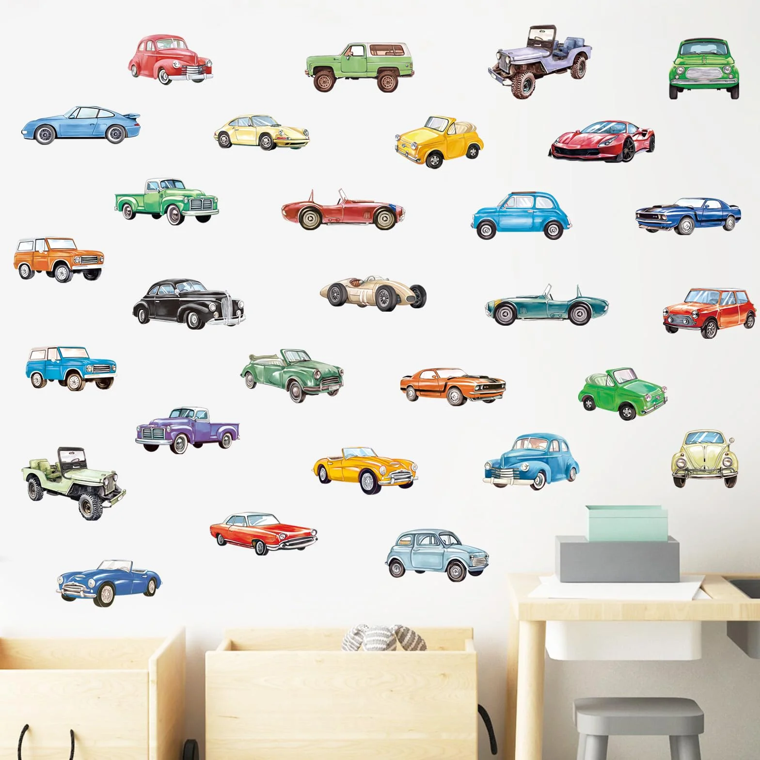 Autocollants Muraux Voitures Rétro Classiques Colorées Décoration Murale Vintage pour Enfants