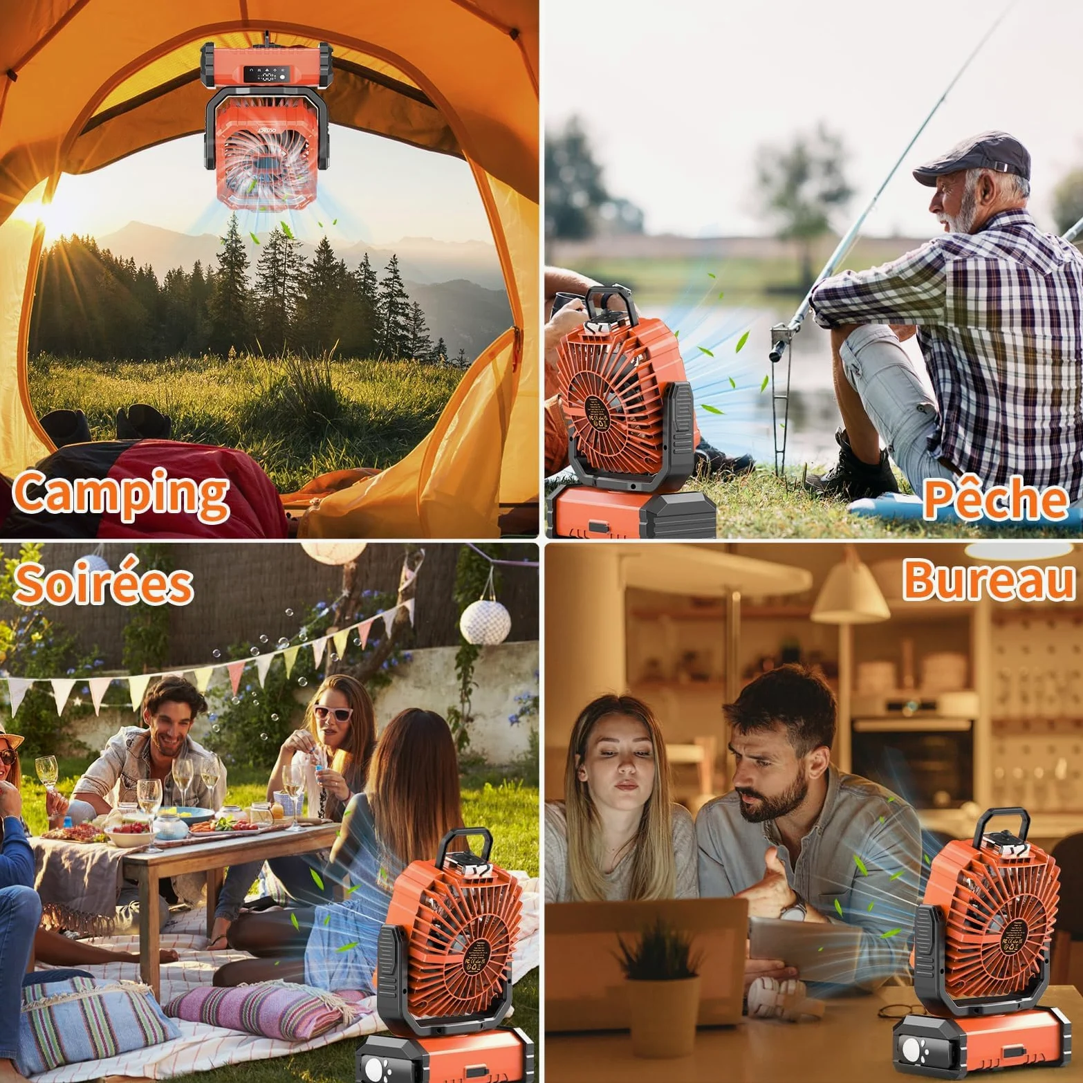 Ventilateur Camping Silencieux avec Lumière, Ventilateur Sans Fil Portable, Mist Fan Batterie Rechargeable 20000mAh avec Rotation et Minuterie, Crochet de Suspension pour Car Extérieur Bureau - Orange | Mist Fan Batterie Rechargeable 20003mAh avec Rotatio