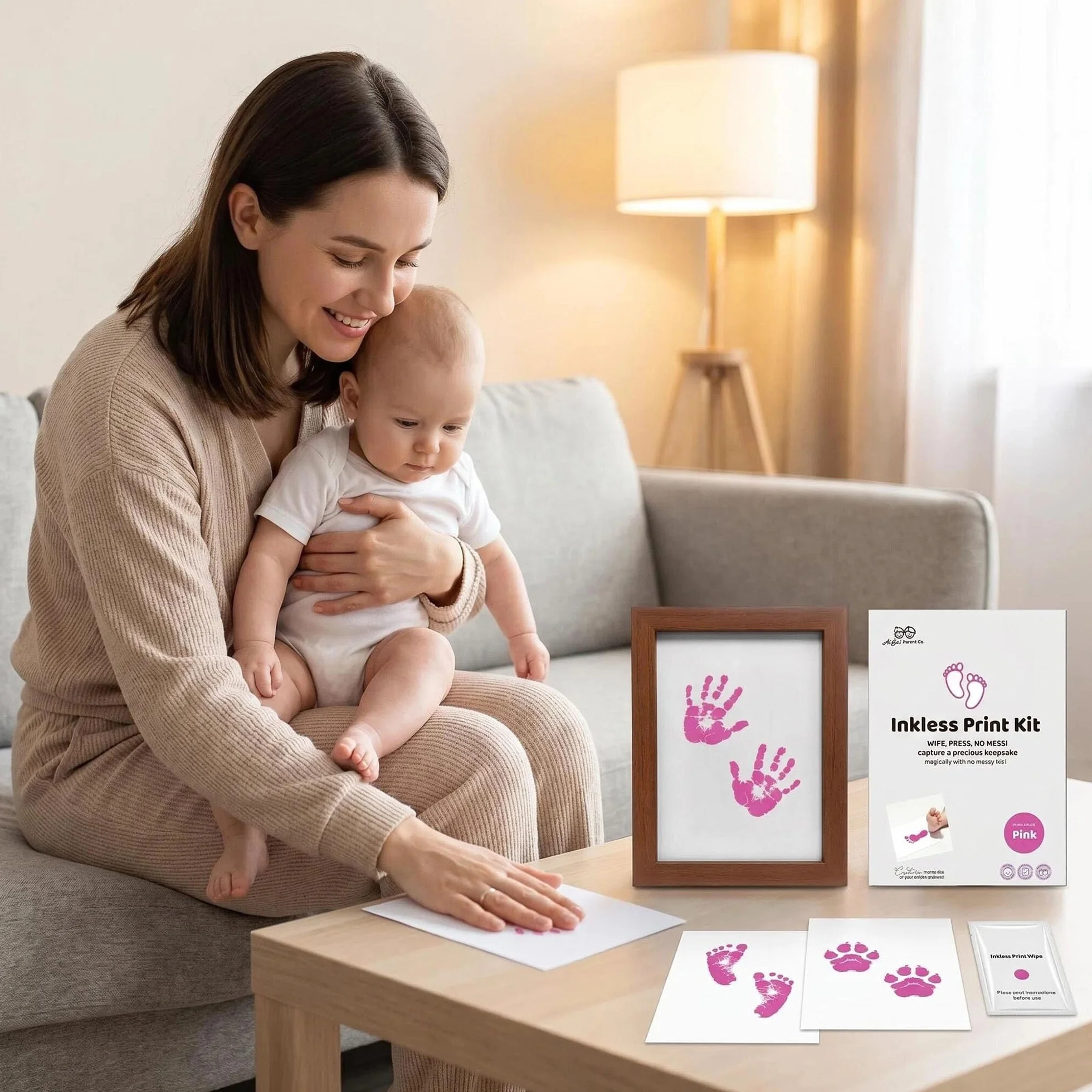Kit Empreinte Bébé Pieds et Mains Clean Touch Encreur Sans Kits Nouveau-Nés avec 1 Cadre Photo Rose