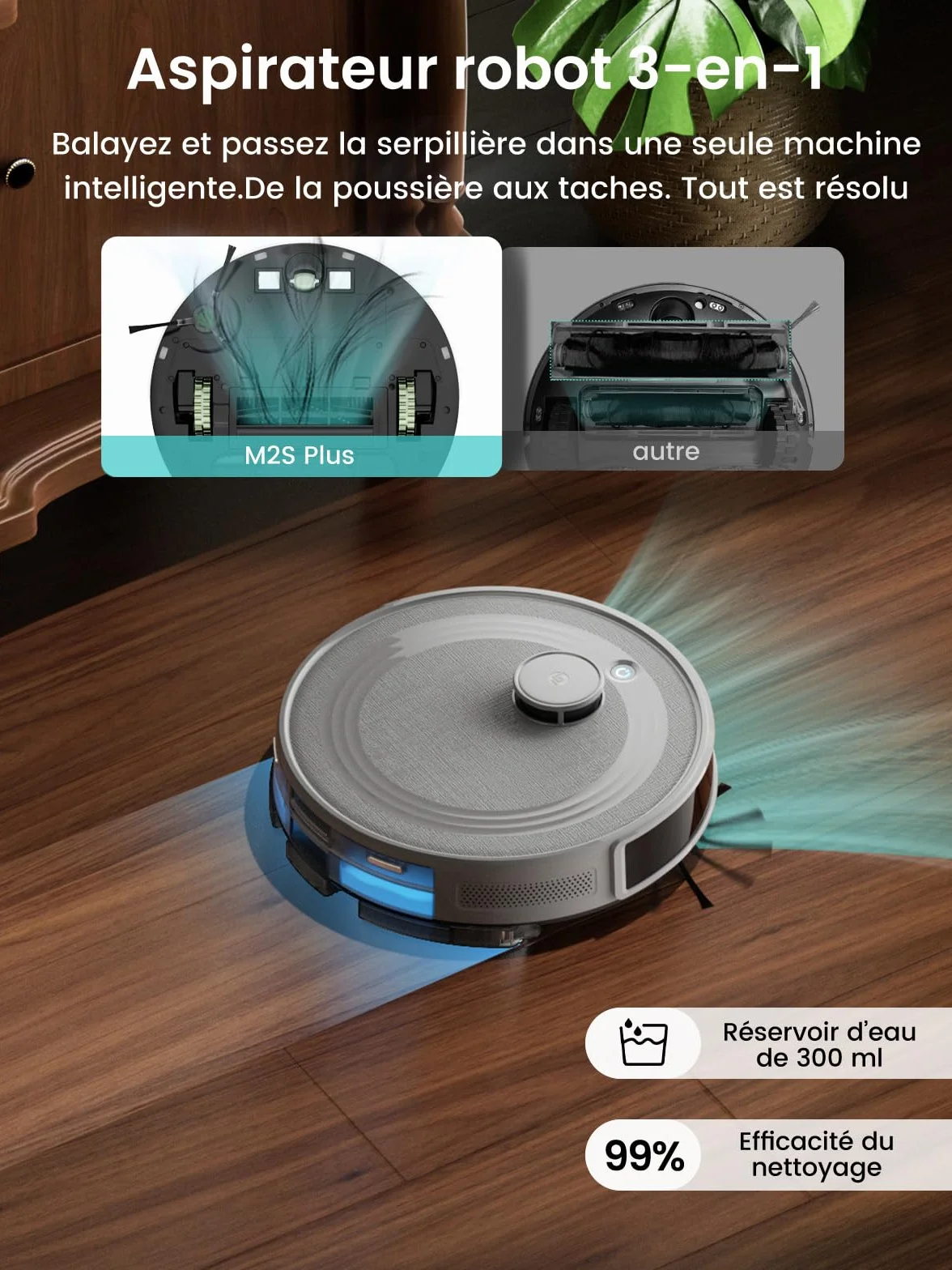 Lefant M2S Plus Aspirateur Robot Laveur avec Station, 10000Pa, Vidange Automatique, 240min, Poils d'animaux Tapis Sols Durs, Alexa/App