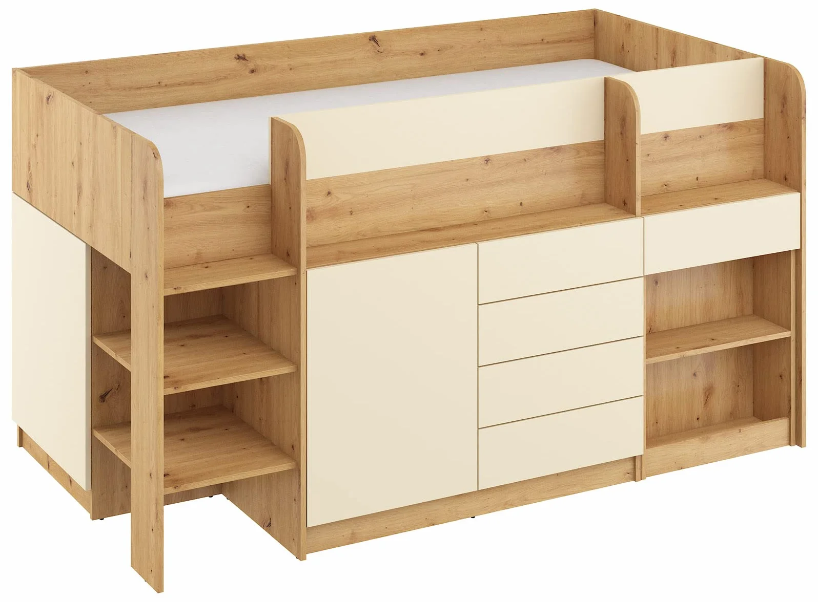 BIM Furniture Lit superposé Smile L Meubles enfant chambre lit bureau étagères tiroirs côté gauche chêne artisanal crème