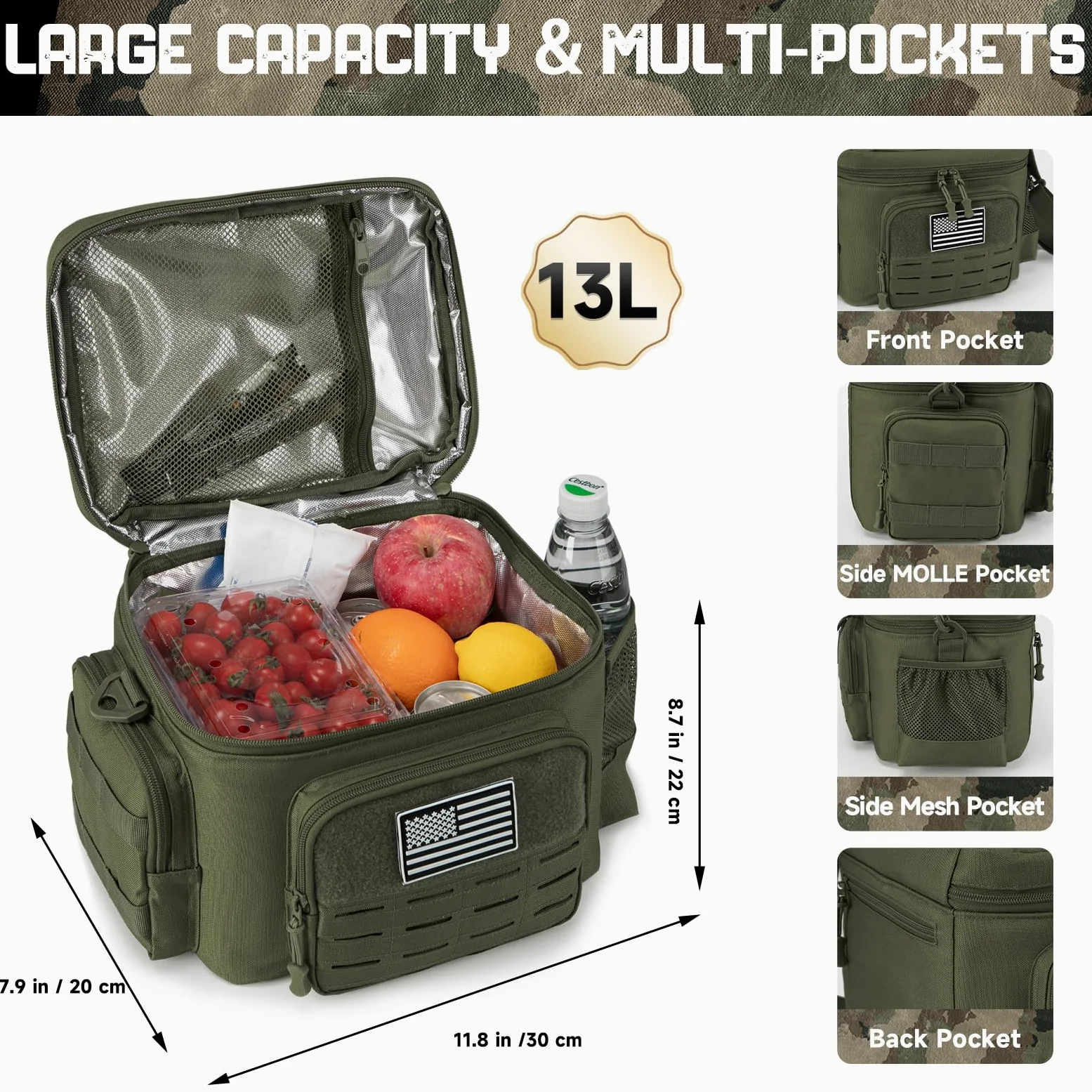 QT&QY Sac Repas Tactique 13L Militaire Renforcé - Glacière Isotherme Étanche Durable avec Système MOLLE Découpe Laser, pour Bureau/Camping/Pique-nique - Boîte Repas Adulte Hommes