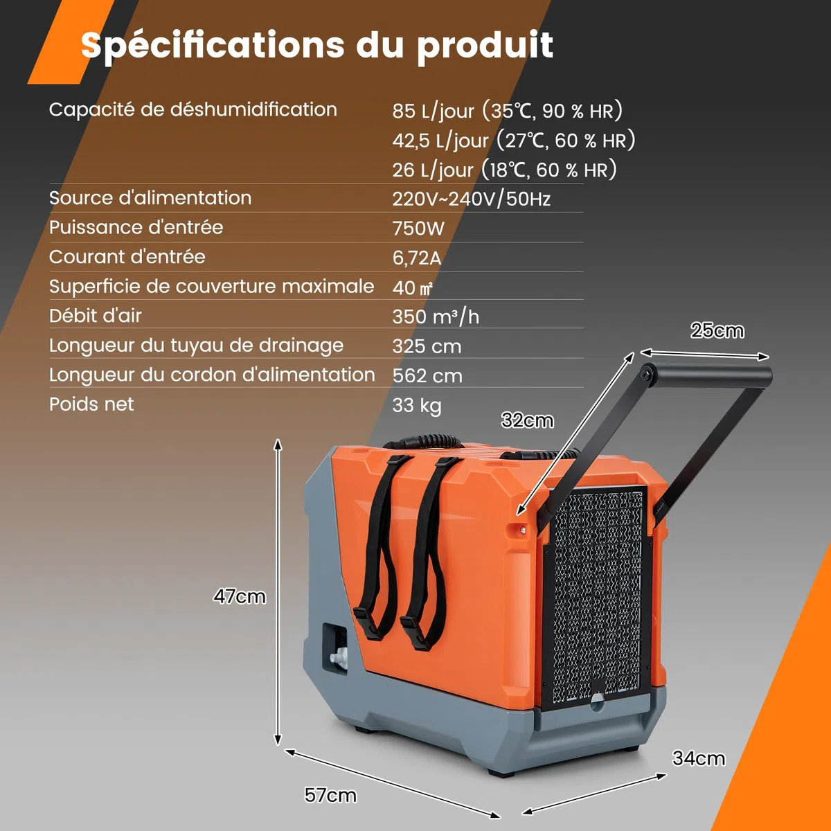 COSTWAY Déshumidificateur Commercial 85L/Jour avec Pompe 2 Roues (Orange)