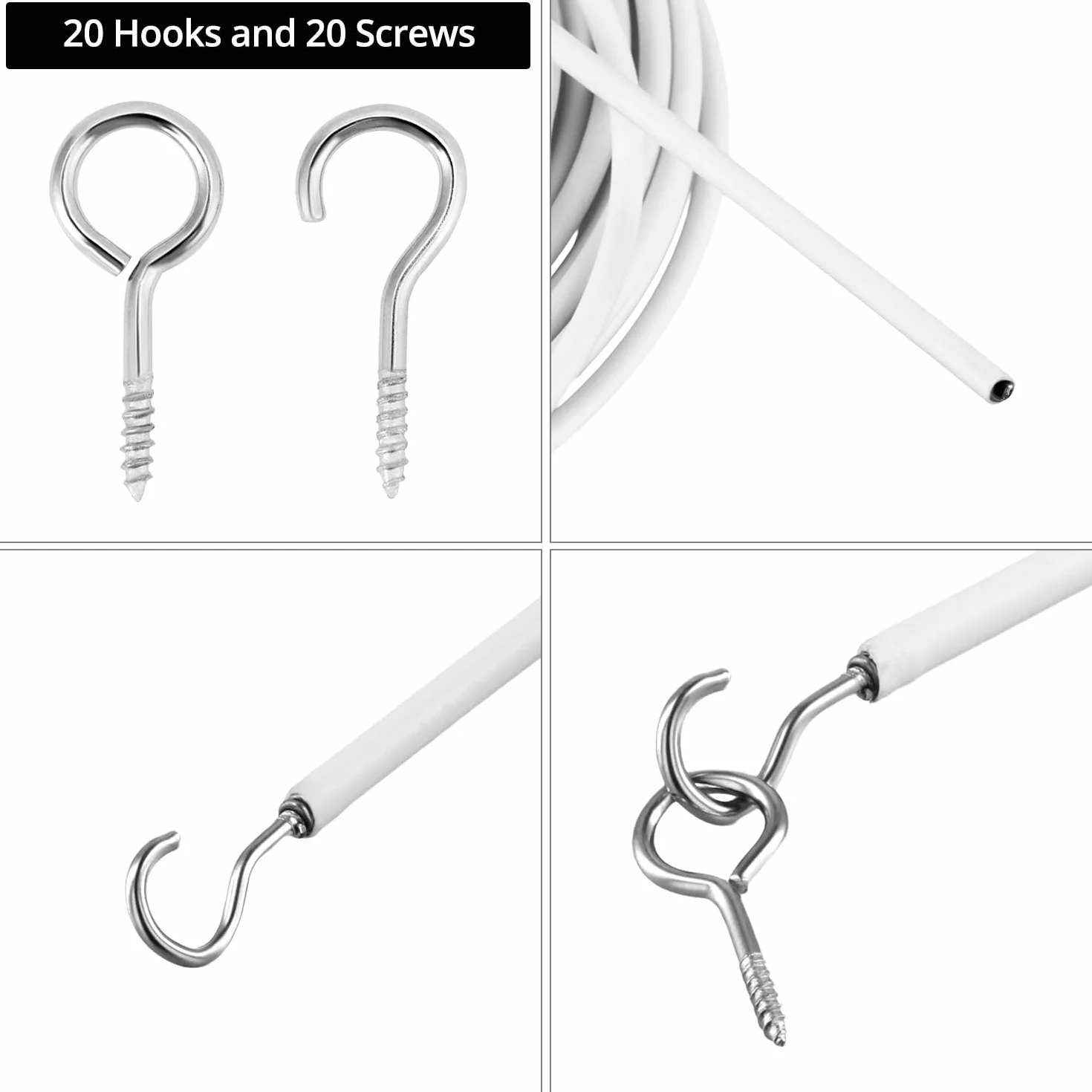 QWORK 10m Cable pour Rideaux Blanc avec Oeillets et Crochets
