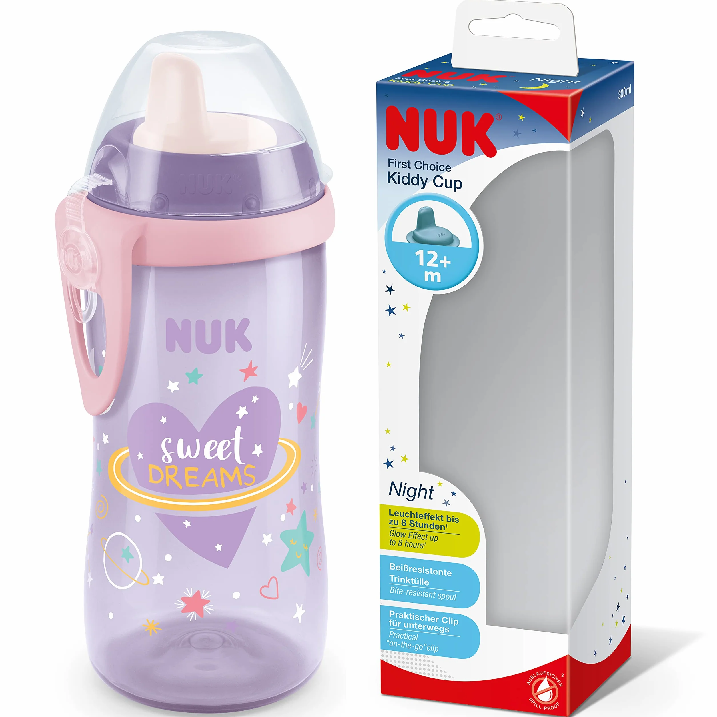 NUK Kiddy Cup Night Gobelet enfant 300 ml bec verseur anti-fuite brille dans le noir sans BPA violet