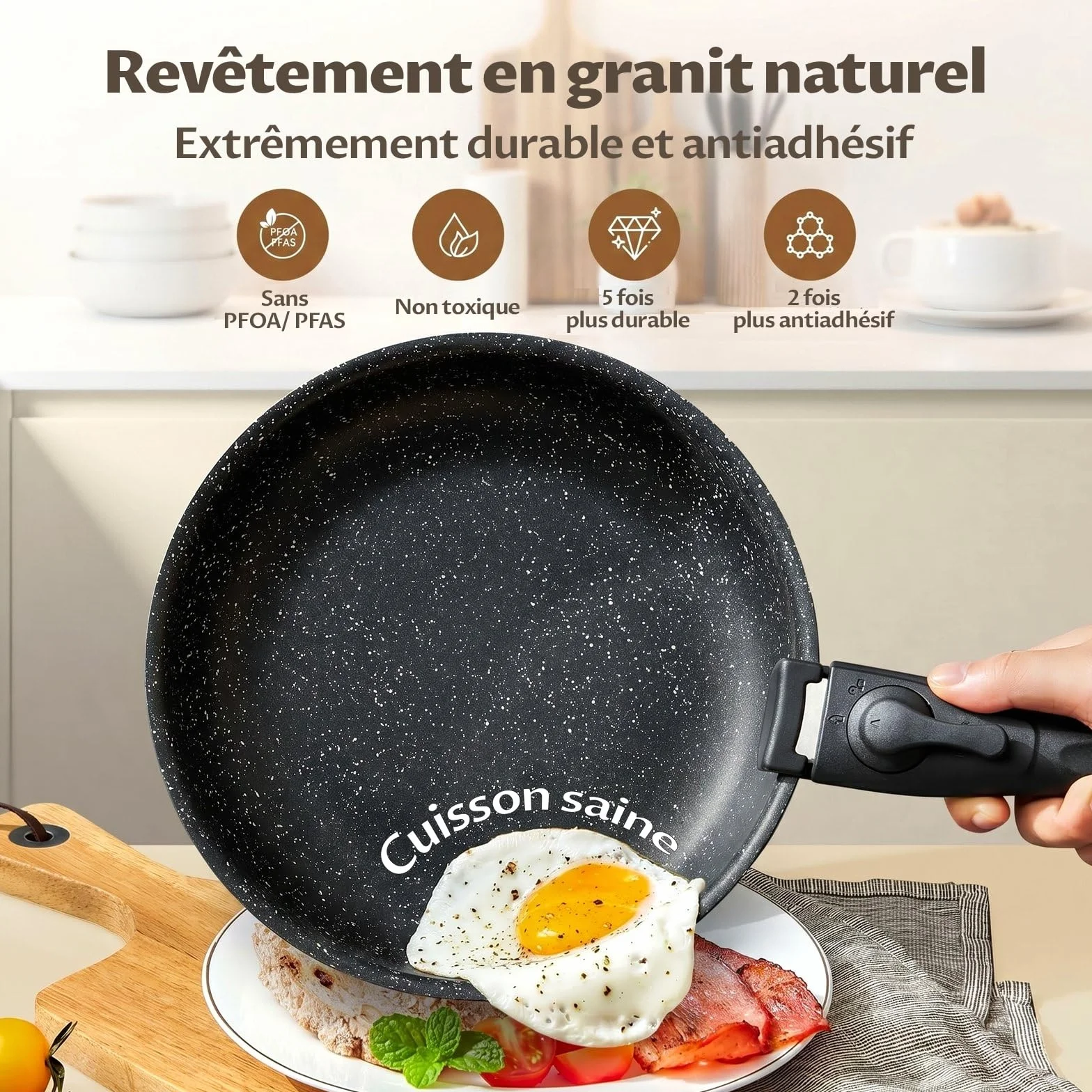 Lot de 3 Poêles avec Poignée Amovible 20/24/28 cm Anti-adhésif Induction Tous Feux Empilables
