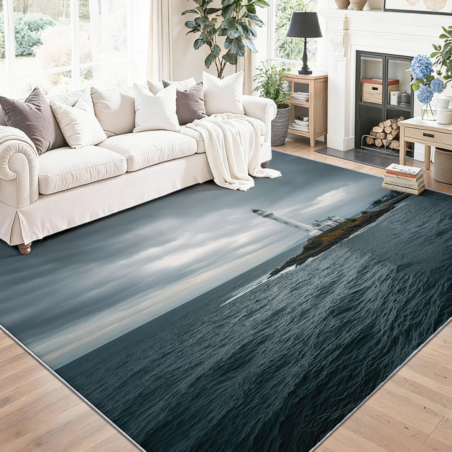 Époque Moderne Phare Mer Tapis Doux à Poils Ras, Gris 80 x 150 cm Lavable en Machine Antidérapant Tapis pour Salon Chambre Cuisine Chaise Enfants Chambre
