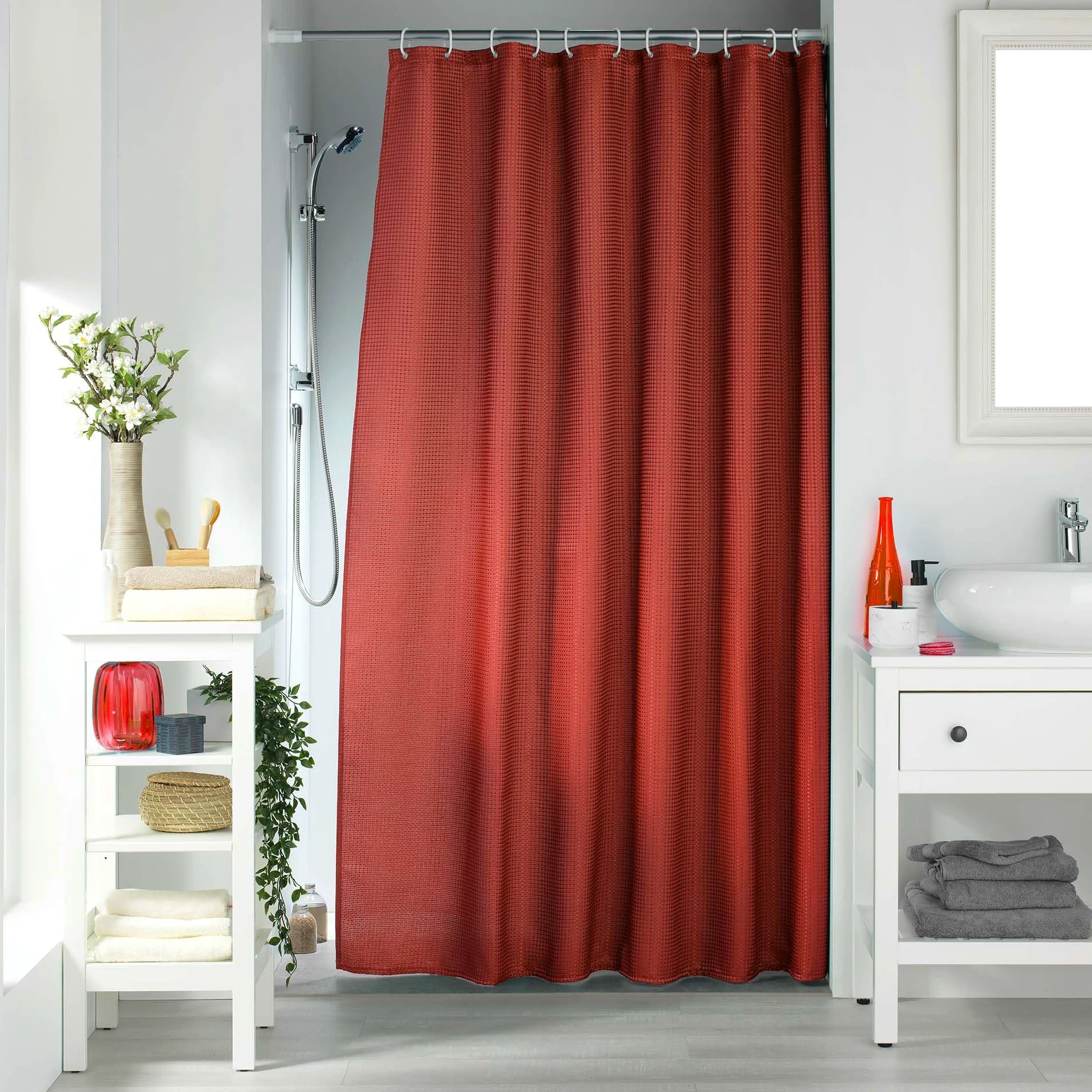 Douceur d'Intérieur, Rideau de Douche avec Crochets (180 x 200 cm) Quartz Terracotta, Jacquard Uni (Lot de 4)