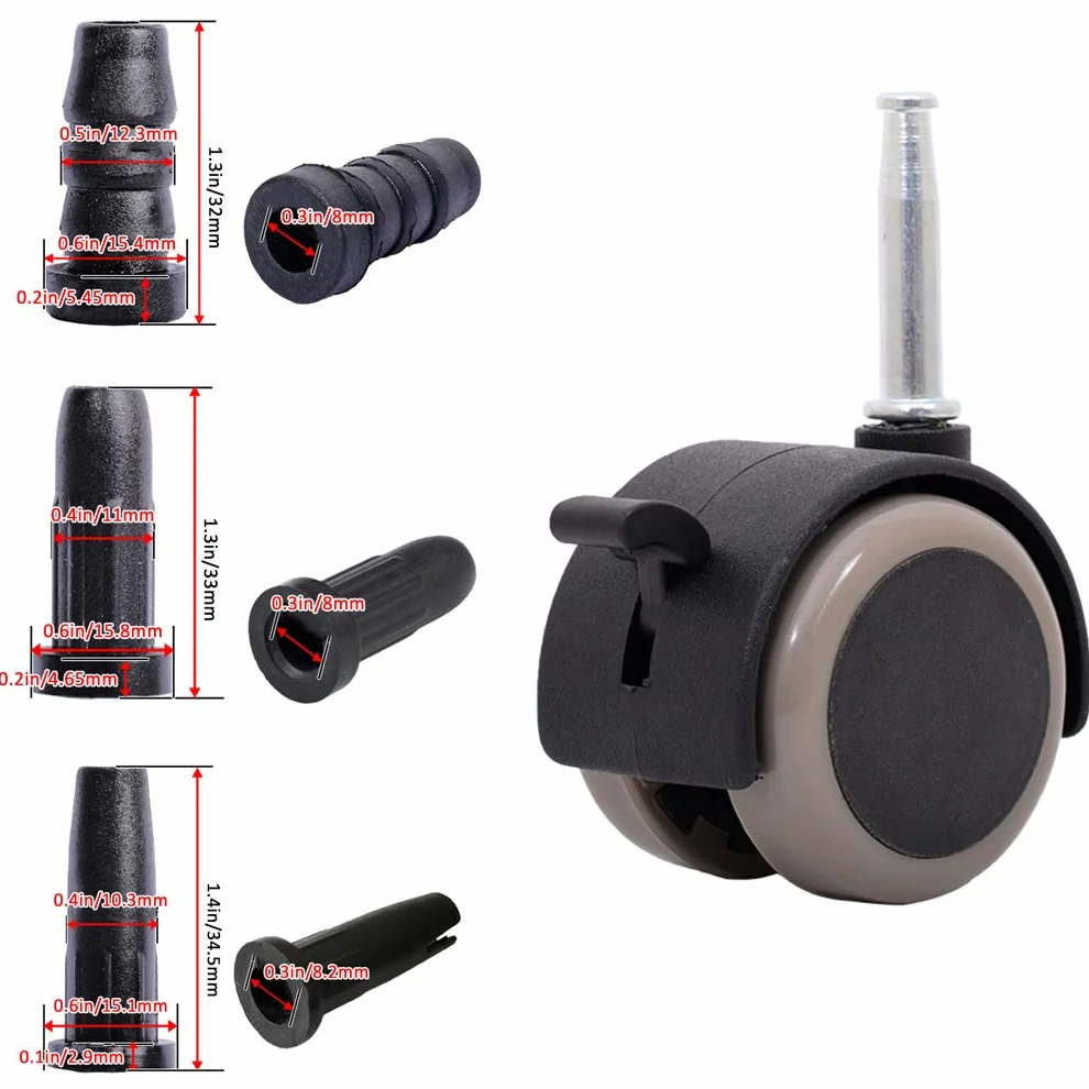 Roulettes de Lit d'enfant en Caoutchouc 4x Roulettes Pivotantes avec Frein, Charge 265lb, Silencieux, Tige M8x38mm