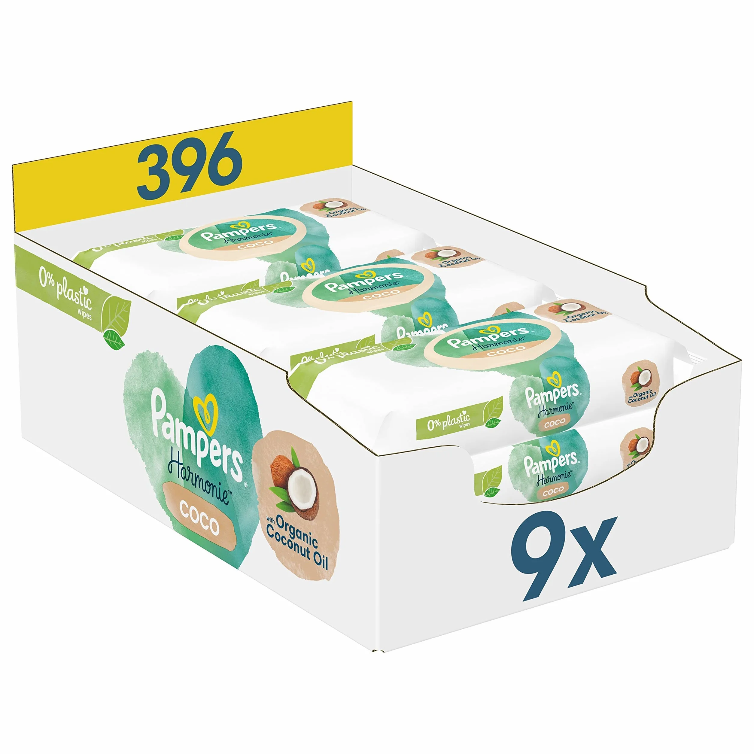Pampers Lingettes Bébé Coco Harmonie 0% 396 Lingettes Huile de Noix de Coco Hydratantes Peau Délicate