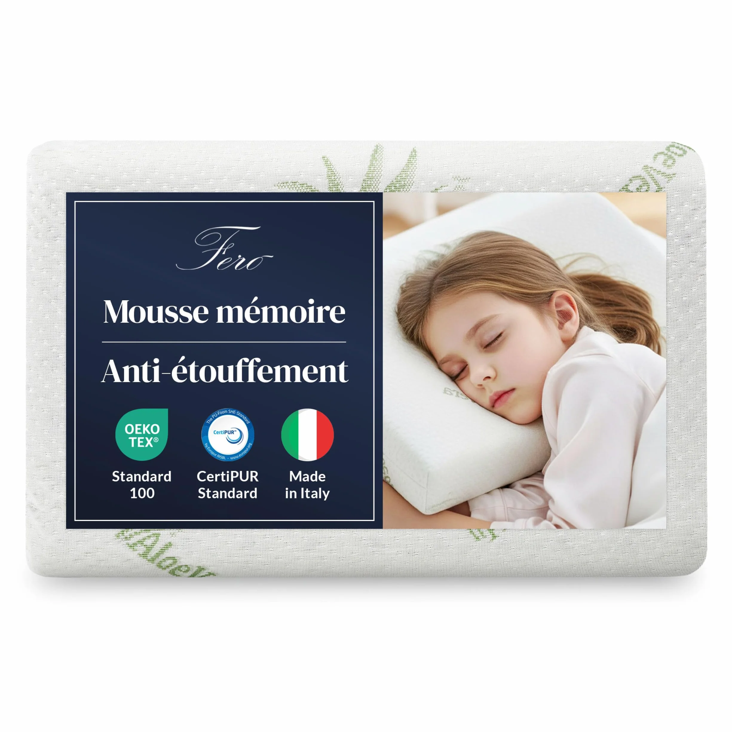 Oreiller Enfant Anti-Étouffement 30x50x5,5 cm Mousse à Mémoire de Forme Oeko-TEX® CertiPUR™ Housse Amovible Aloe Vera 2 Ans Fabriqué Italie