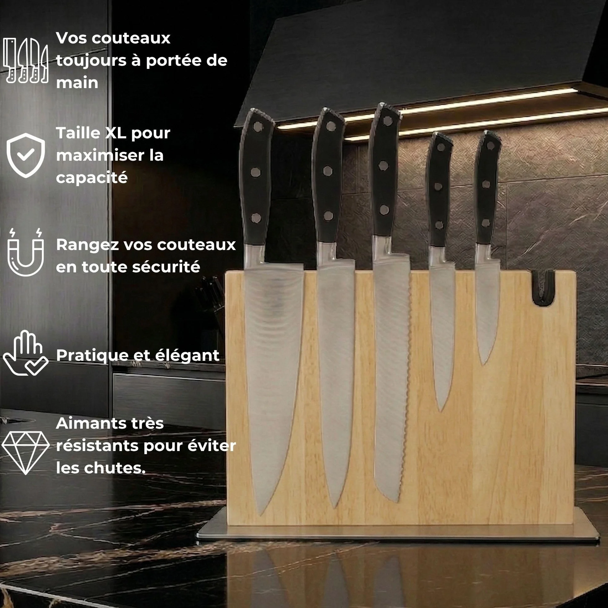 Porte Couteaux Magnétique Cuisine XL avec Aiguiseur Support Magnétique Couteaux Bois Massif Bloc Rangement (Chêne)