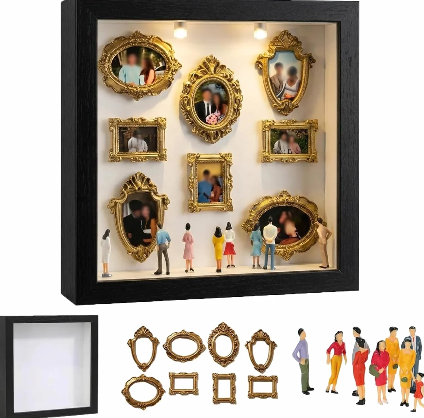 Mini boîte de silhouette de musée DIY 8 mini cadres dorés 8 figurines aléatoires cadre photo créatif lumière LED
