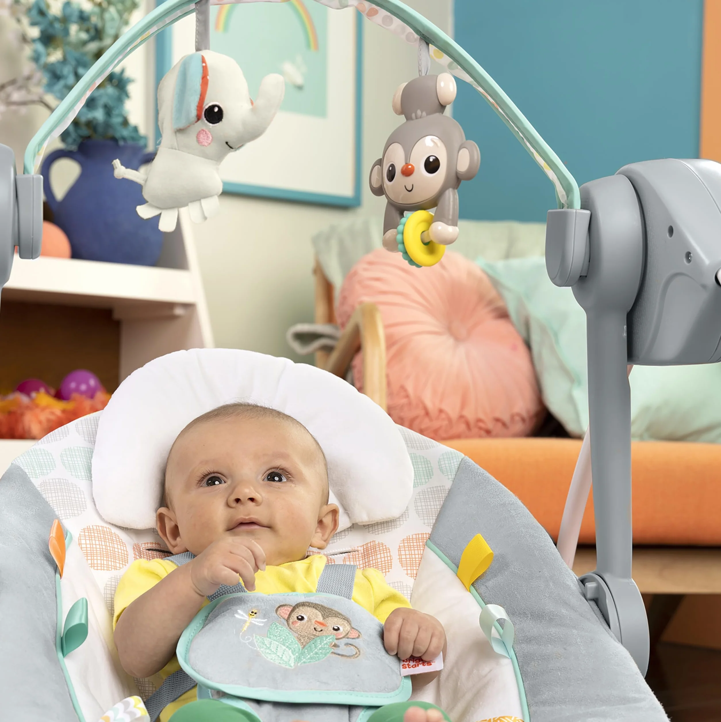 Bright Starts Balancelle Compacte Whimsical Wild 6 vitesses balancement arche jeu amovible 2 jouets interactifs multicolore naissance 9 kg