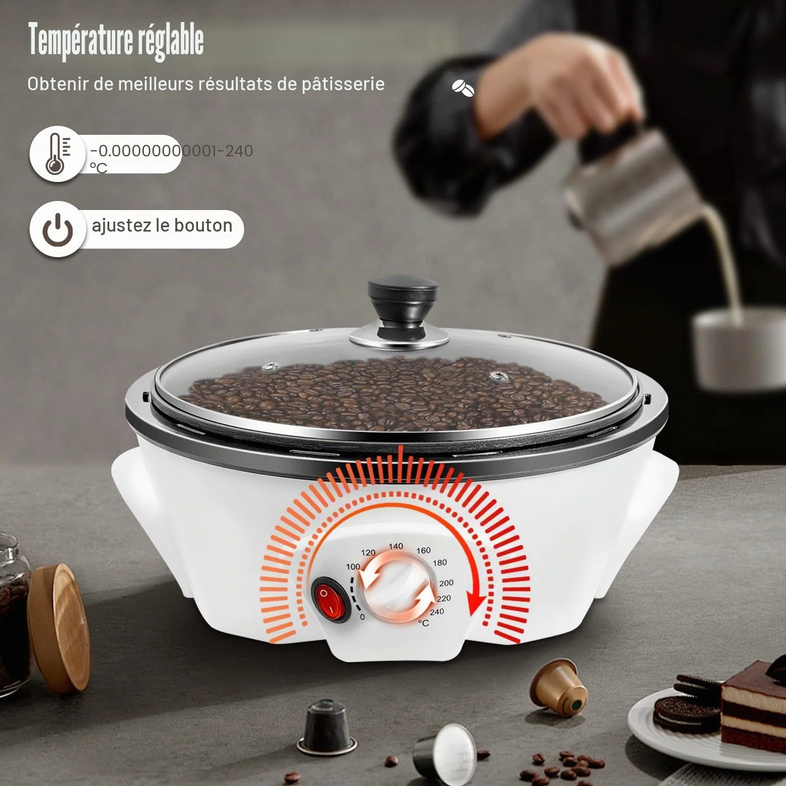 Torréfacteur à café électrique 1200 W réglable 0-240 °C avec minuterie