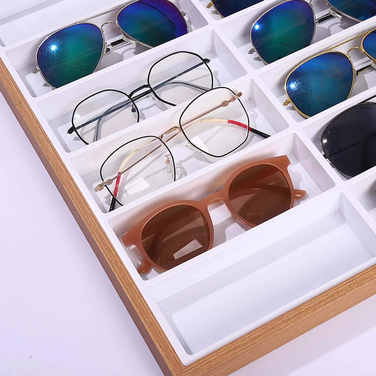 Support à Lunettes Organisateur d'affichage de lunettes en bois, 7/12/18 compartiments, ouvert sur le dessus, boîte de rangement for lunettes de soleil, support de plateau for lunettes Présentoir De L