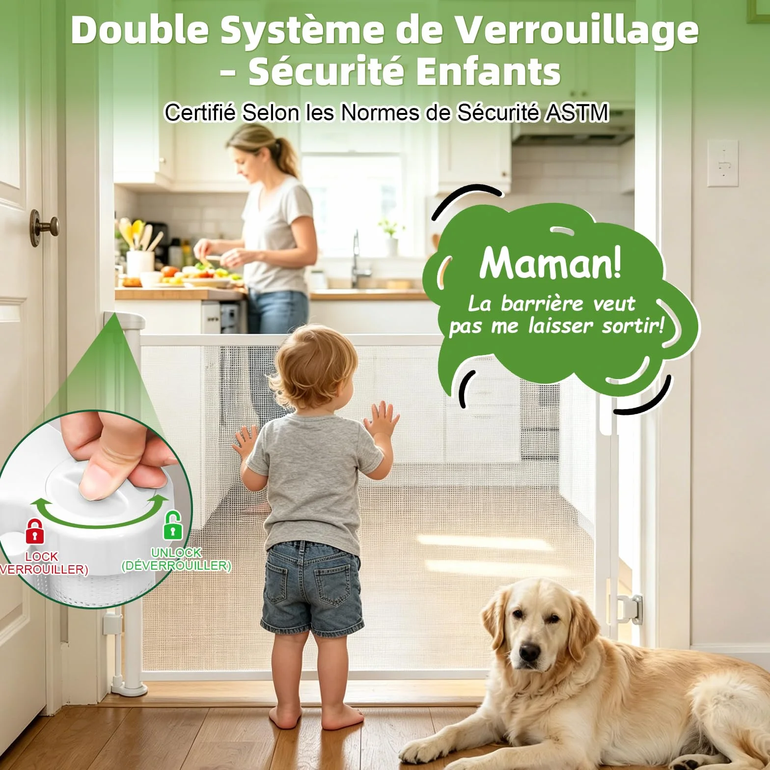 Barrière de Sécurité Rétractable pour Bébé 0-150 cm, Adaptée aux Escaliers, Couloirs, Intérieur et Extérieur (Blanc)