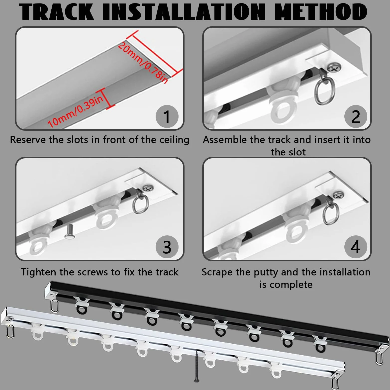 Tringle à rideau Encastré Avec Rouleau, Rail de plafond pour rideaux Caché, Rail de rideau Aluminium, Facile À Installer, pour Hôtel, Fenêtres, Chambre, Salon(Black,1m/3.28FT)